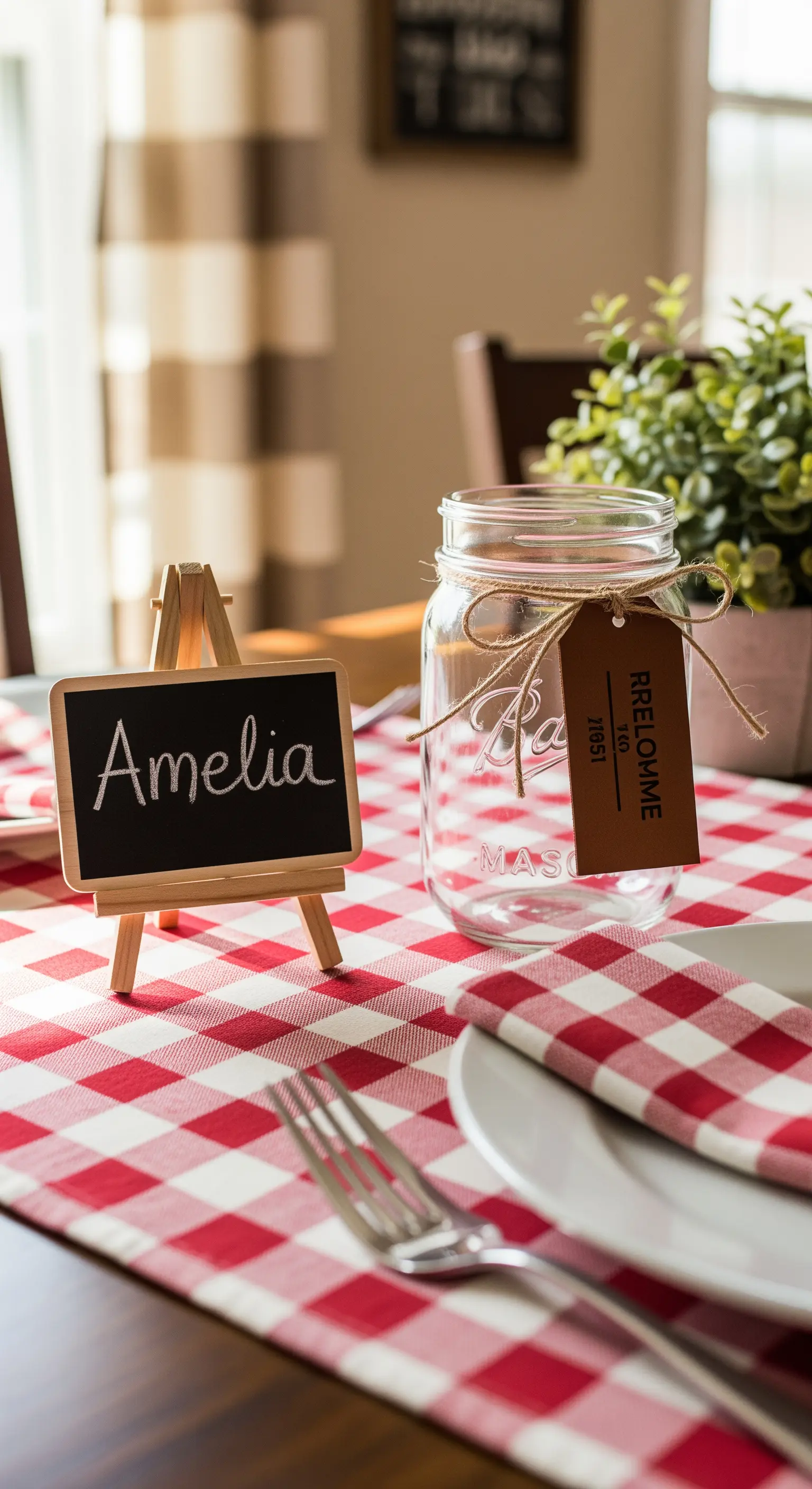 Tavola country con tovaglia a quadretti rossi e una piccola lavagna come segnaposto