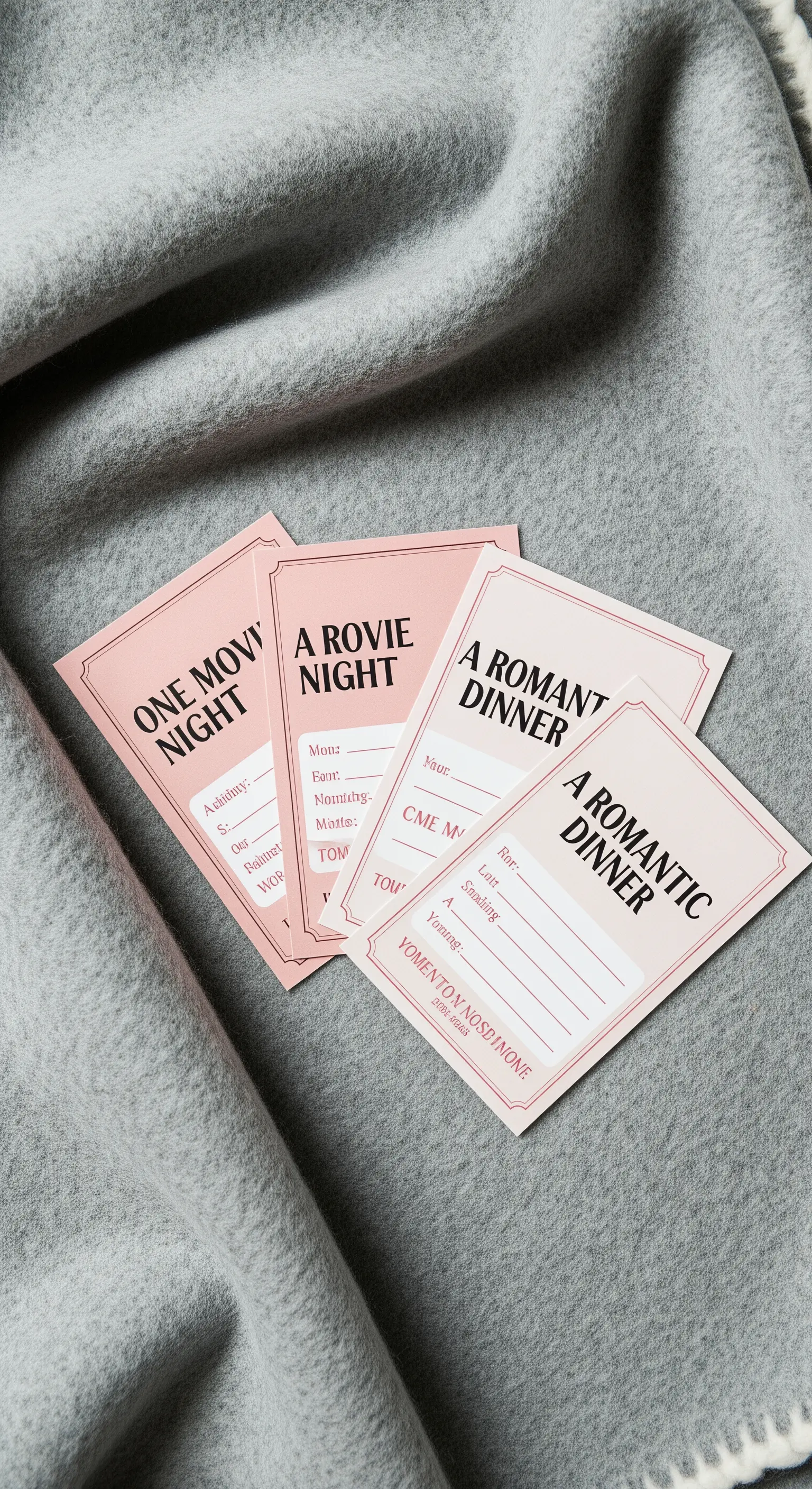 Coupon rosa che promettono una cena romantica e una serata film, appoggiati su una coperta grigia.