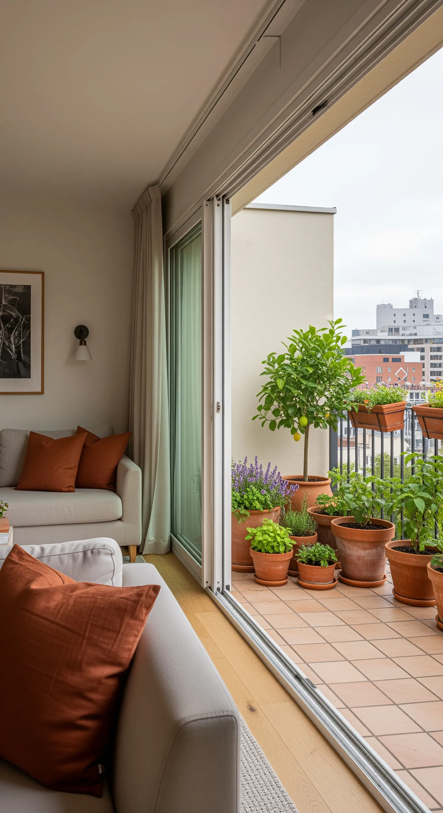 Soggiorno con cuscini terracotta che si affaccia su un balcone con vasi di terracotta