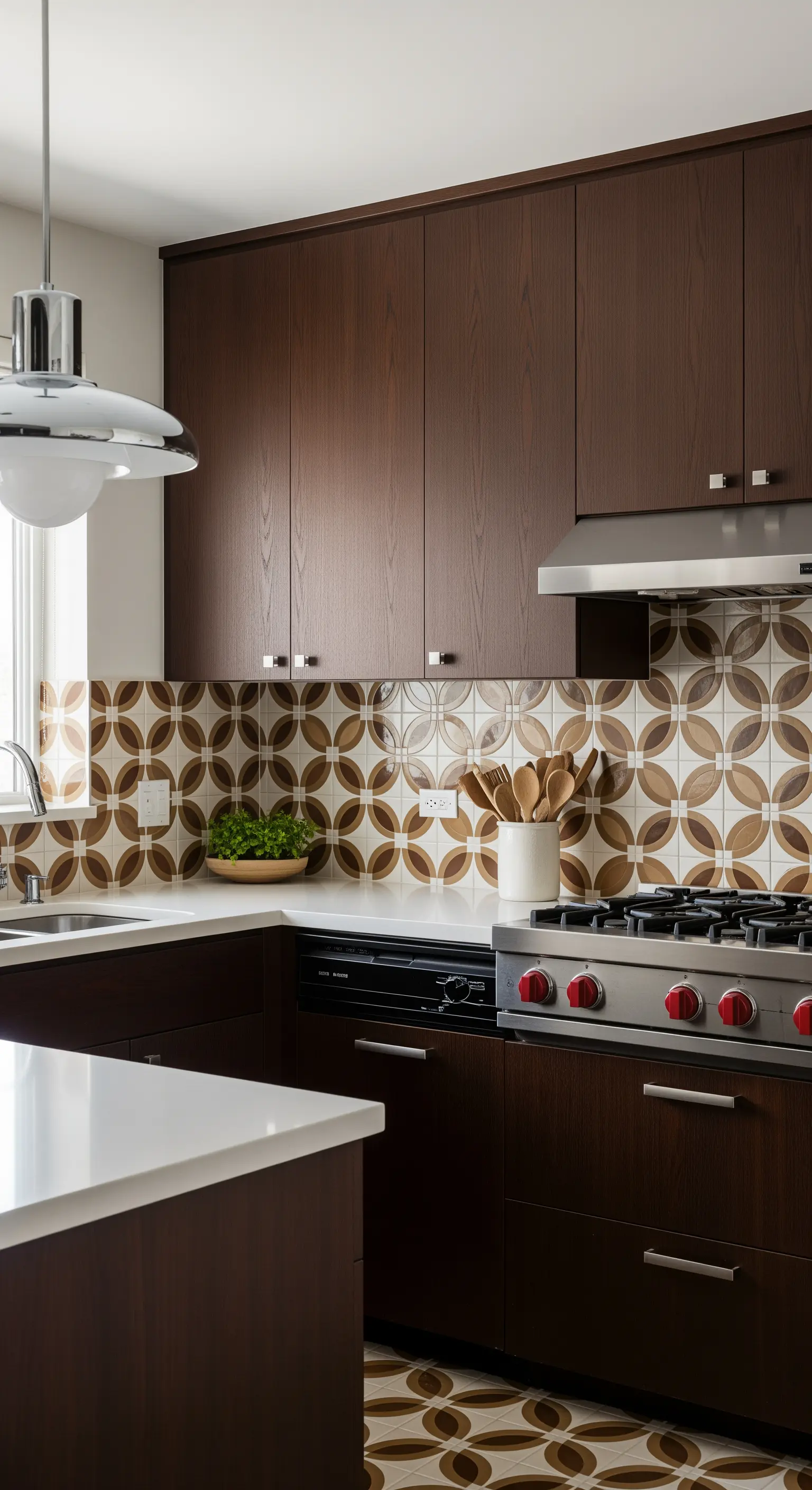 Cucina con mobili in legno scuro e piastrelle a motivo circolare su pavimento e paraschizzi.