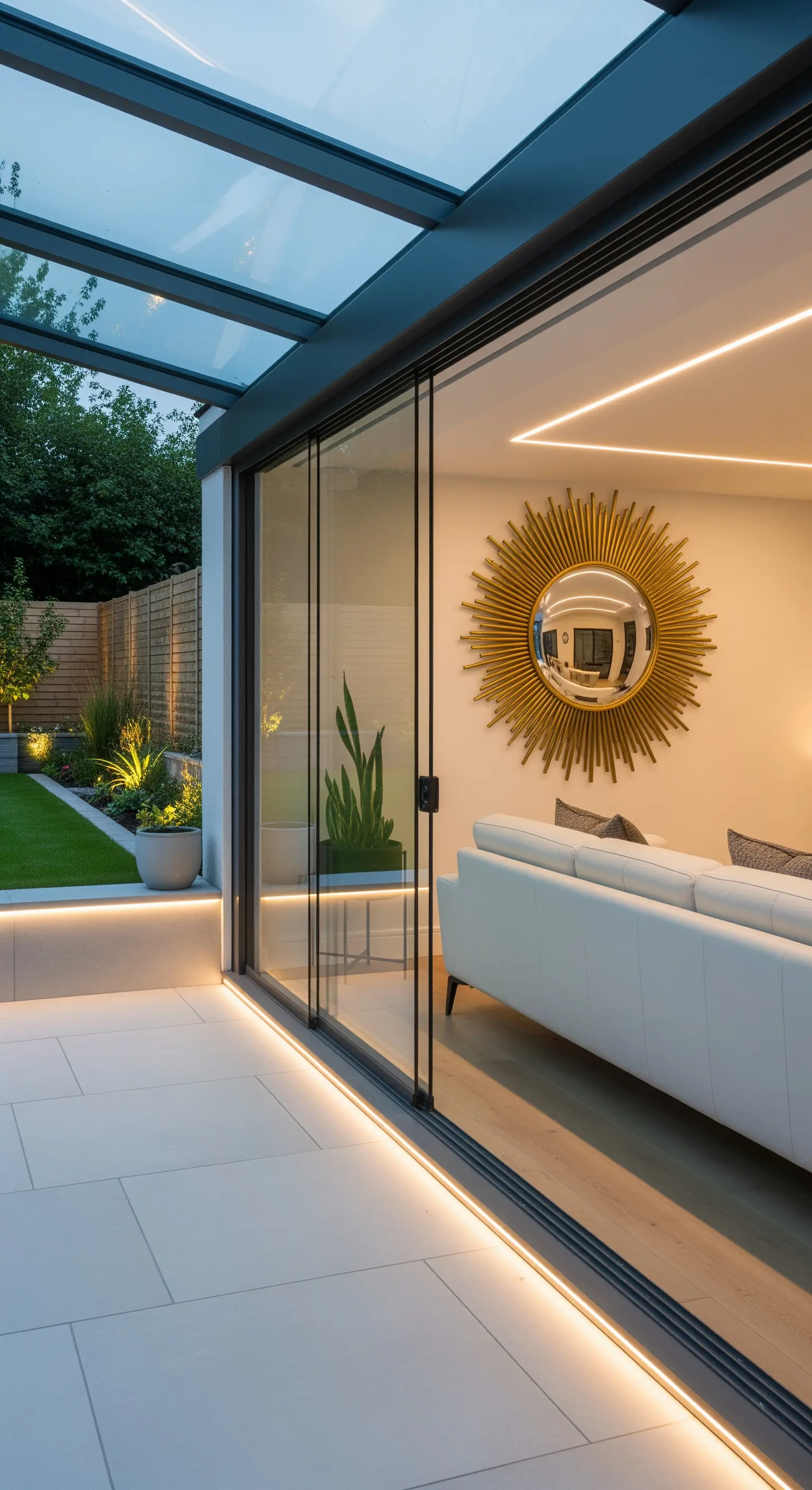 Patio moderno con illuminazione a LED che prosegue all'interno del salotto, visibile attraverso una vetrata