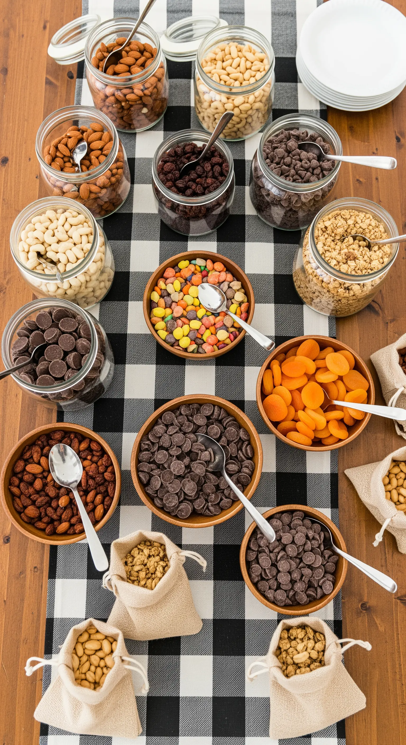 Tavolo con barattoli di frutta secca, cioccolato e semi per creare un trail mix personalizzato.