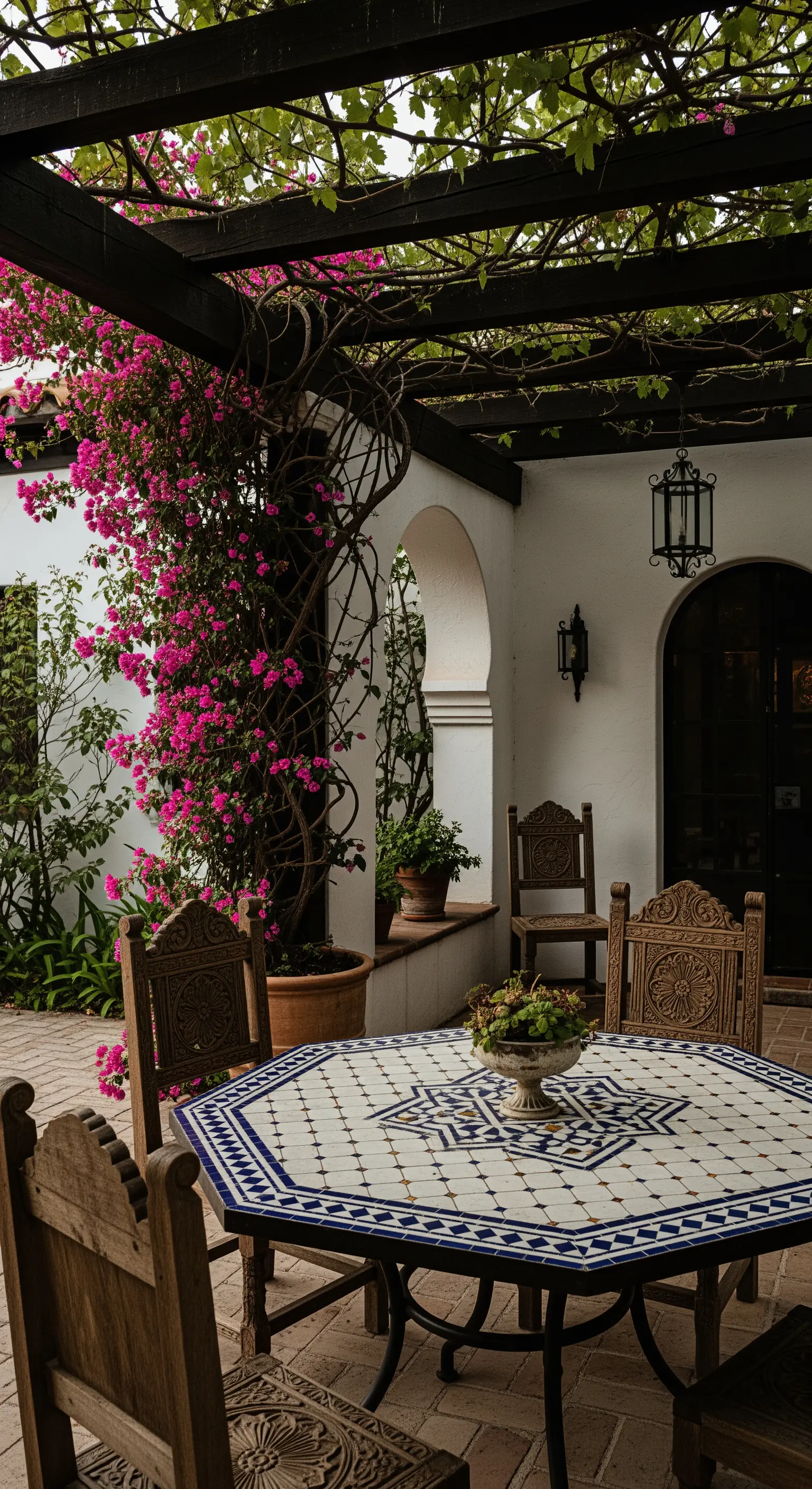 Patio con pergolato scuro, tavolo in mosaico ottagonale e sedie in legno intagliato