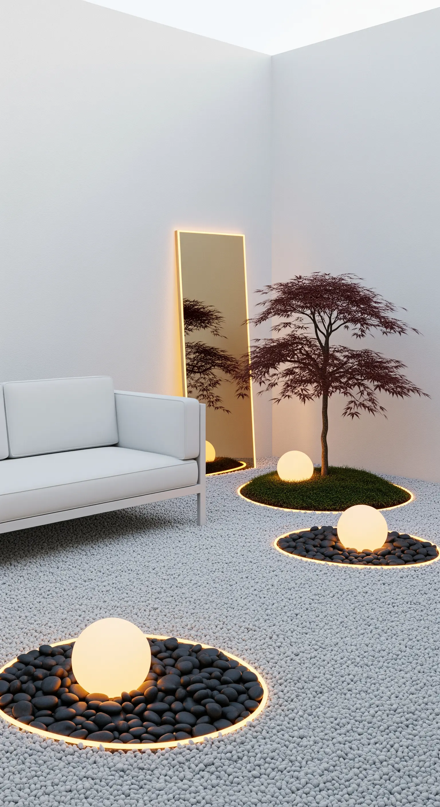 Giardino zen con ghiaia, ciottoli neri, sfere luminose e uno specchio retroilluminato