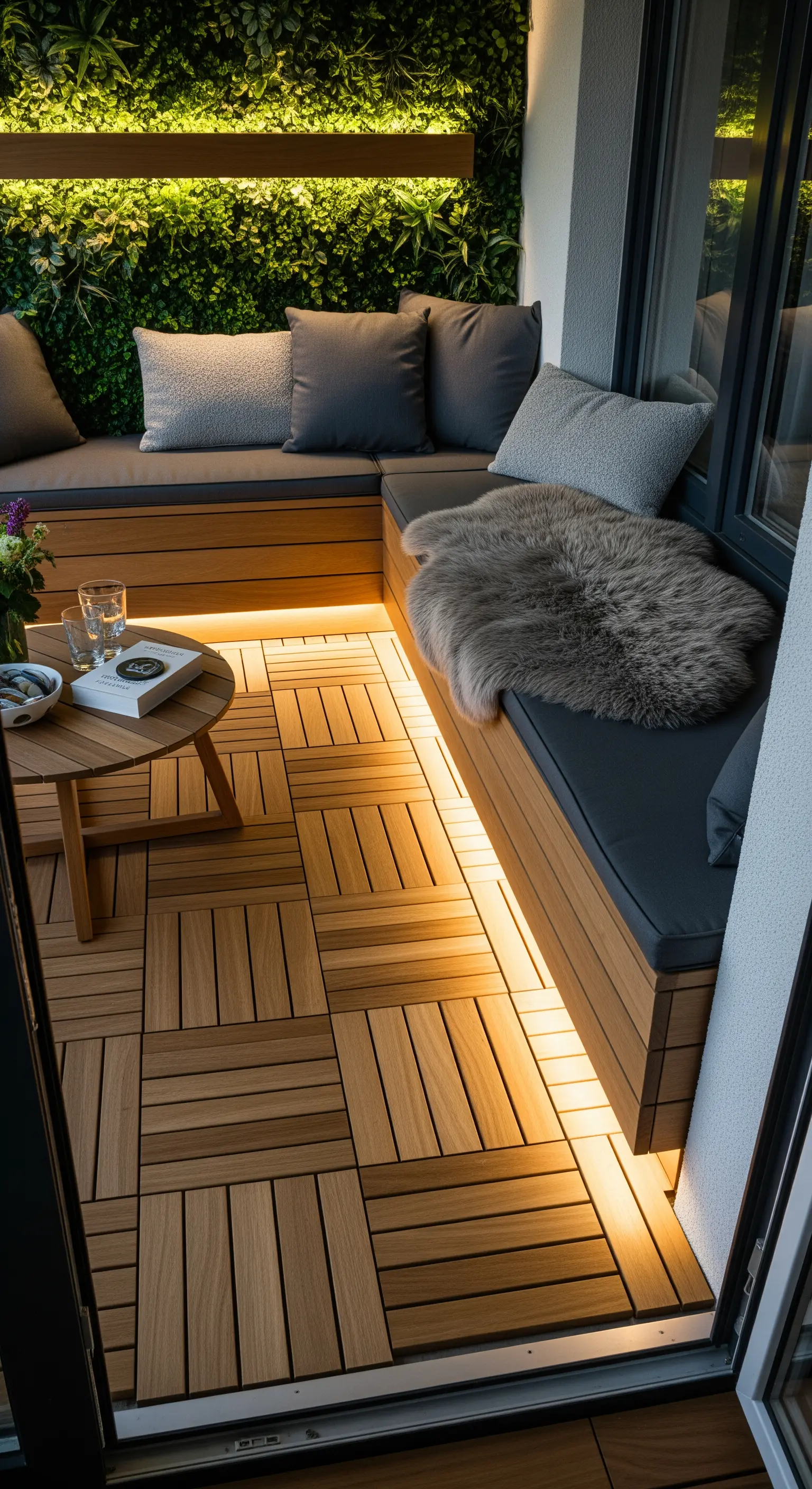 Panca angolare in legno con cuscini grigi e illuminazione a LED integrata sotto la seduta