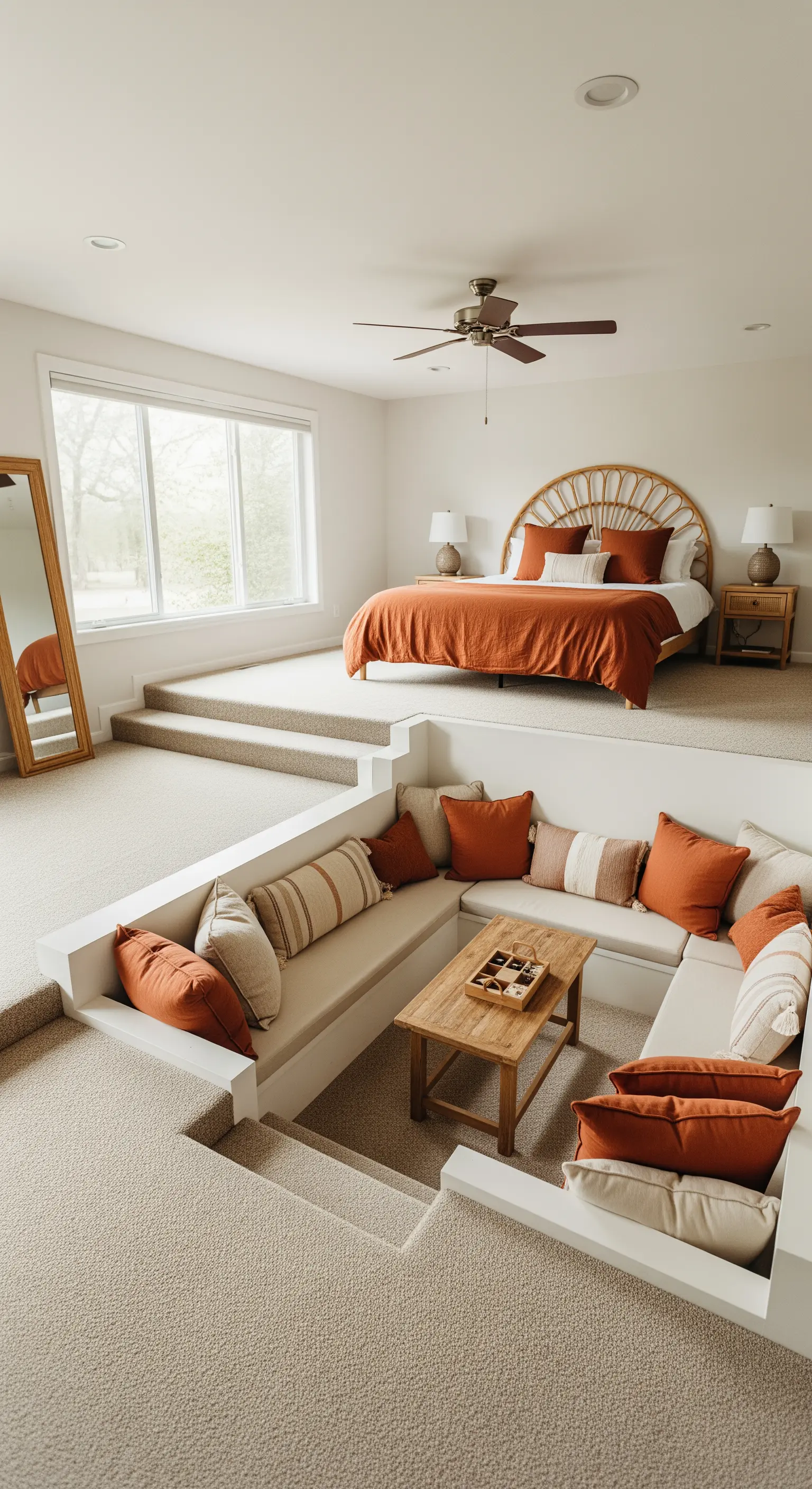 Camera da letto su due livelli con letto rialzato e area lounge incassata nel pavimento.