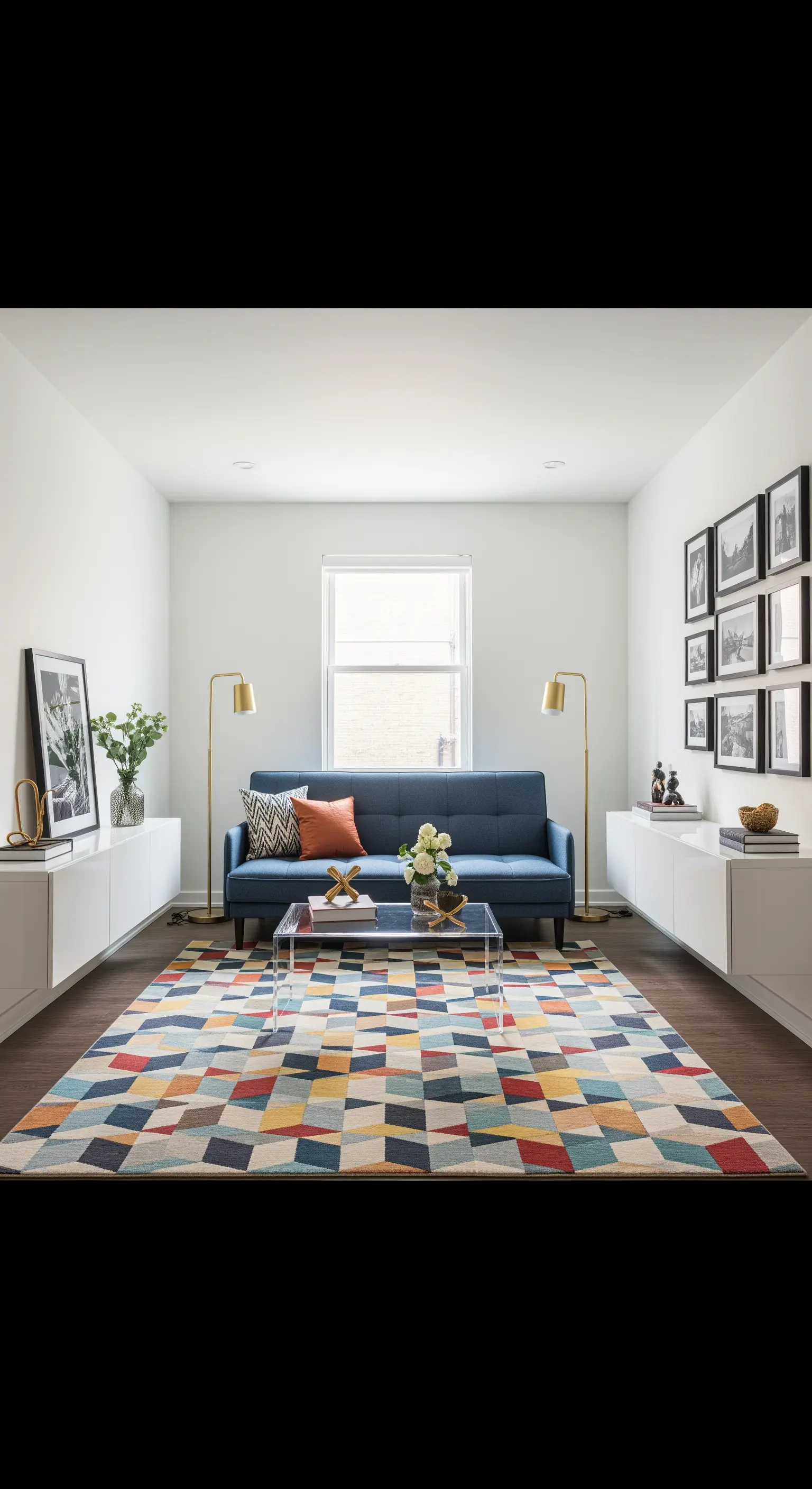 Soggiorno stretto con divano blu incorniciato da due mobili contenitori bianchi sospesi e simmetrici