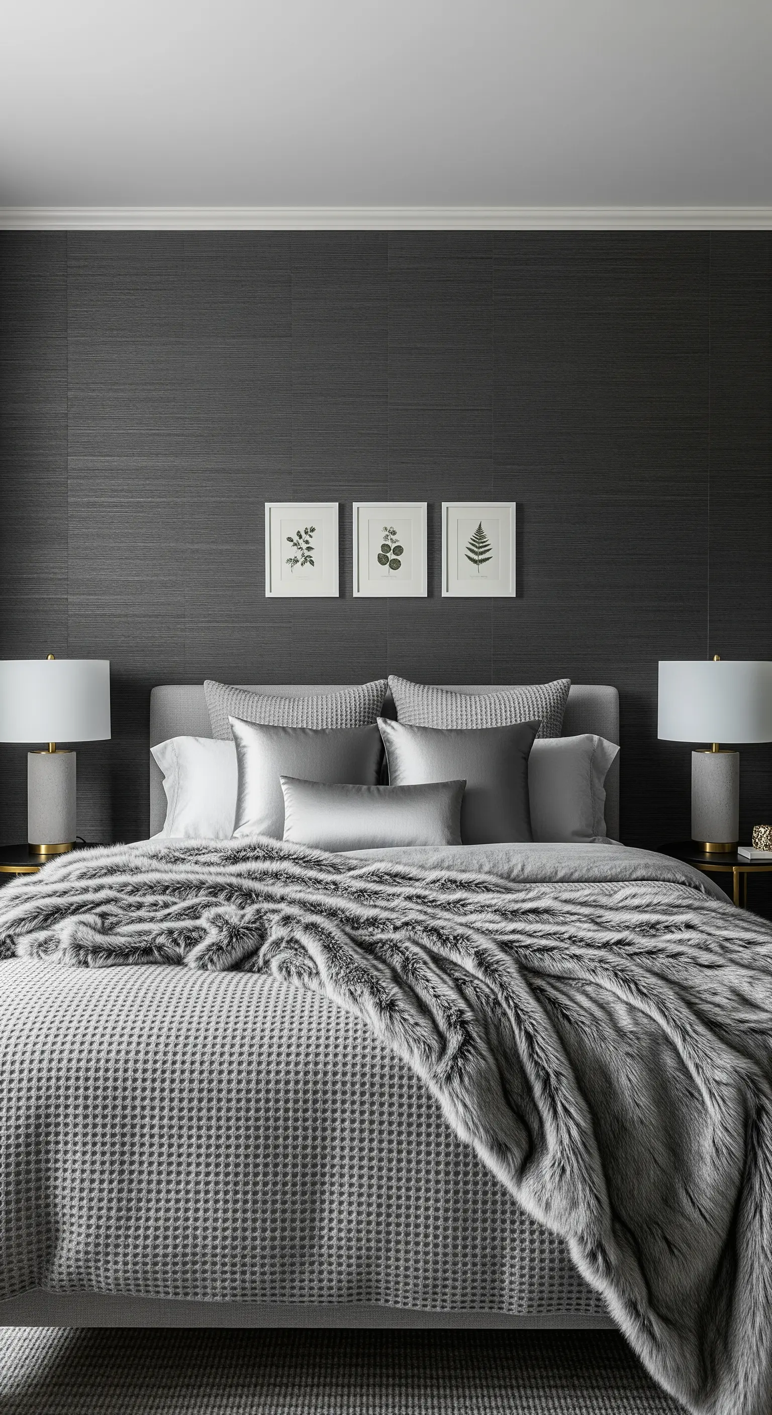 Letto grigio con cuscini in raso e plaid in ecopelliccia, contro una parete grigio scuro materica.