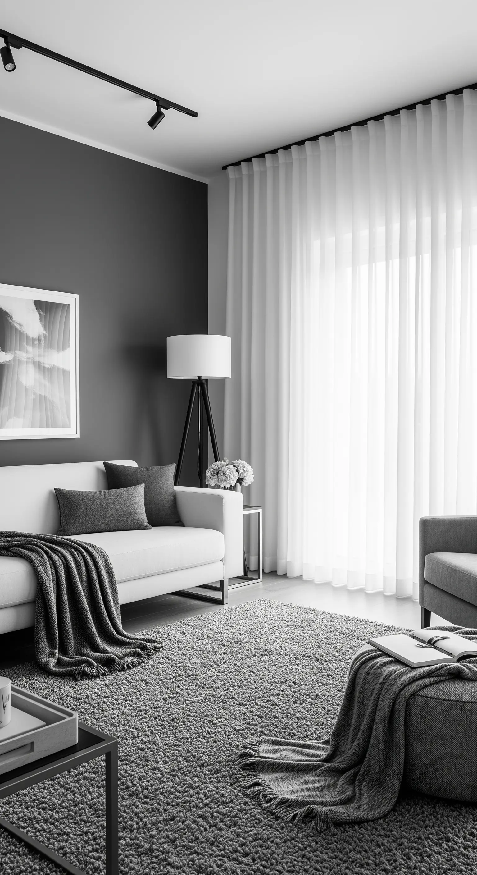 Divano bianco e tende chiare che risaltano contro una parete grigio scuro.