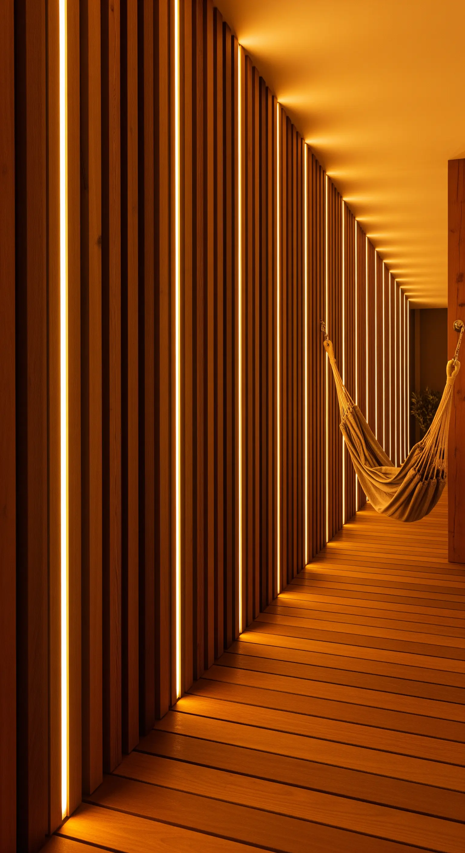 Lungo corridoio esterno con pareti e pavimento in legno e illuminazione a LED verticale