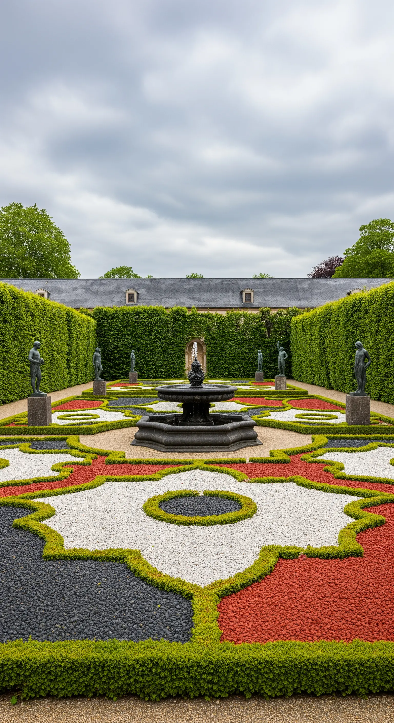 Parterre de broderie realizzato con ghiaia colorata bianca, nera e rossa, circondato da siepi di bosso