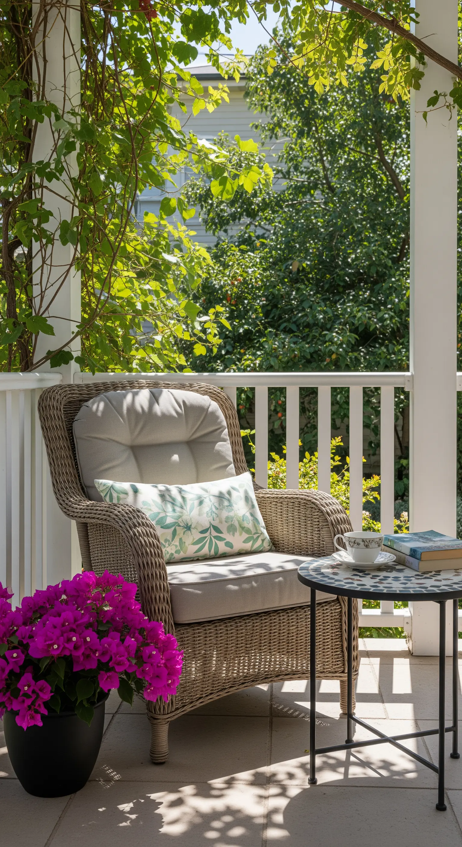 Angolo lettura in veranda con poltrona in vimini, cuscino e tavolino in mosaico