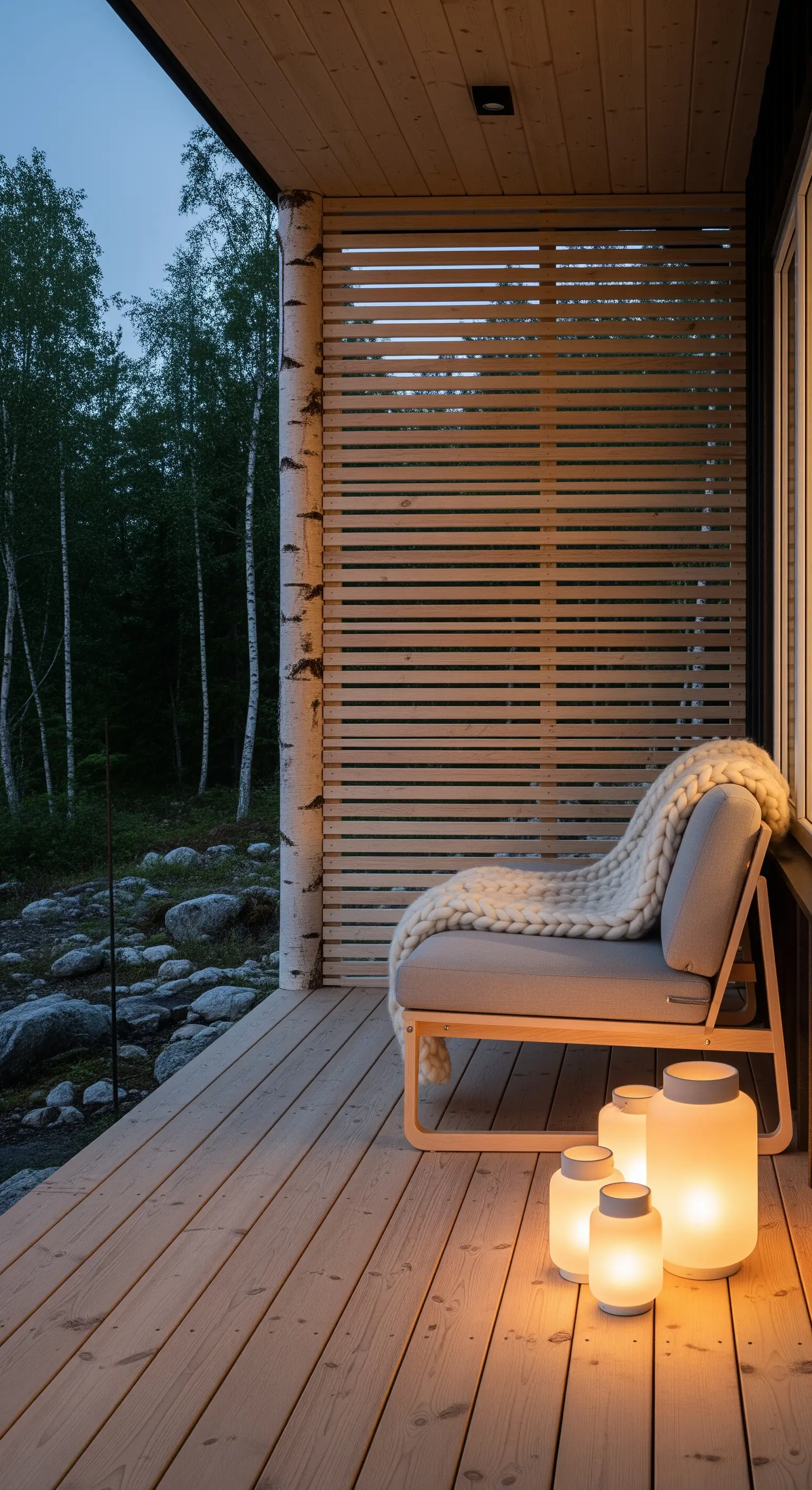 Chaise longue in legno chiaro su una veranda con plaid di lana e lanterne luminose a terra