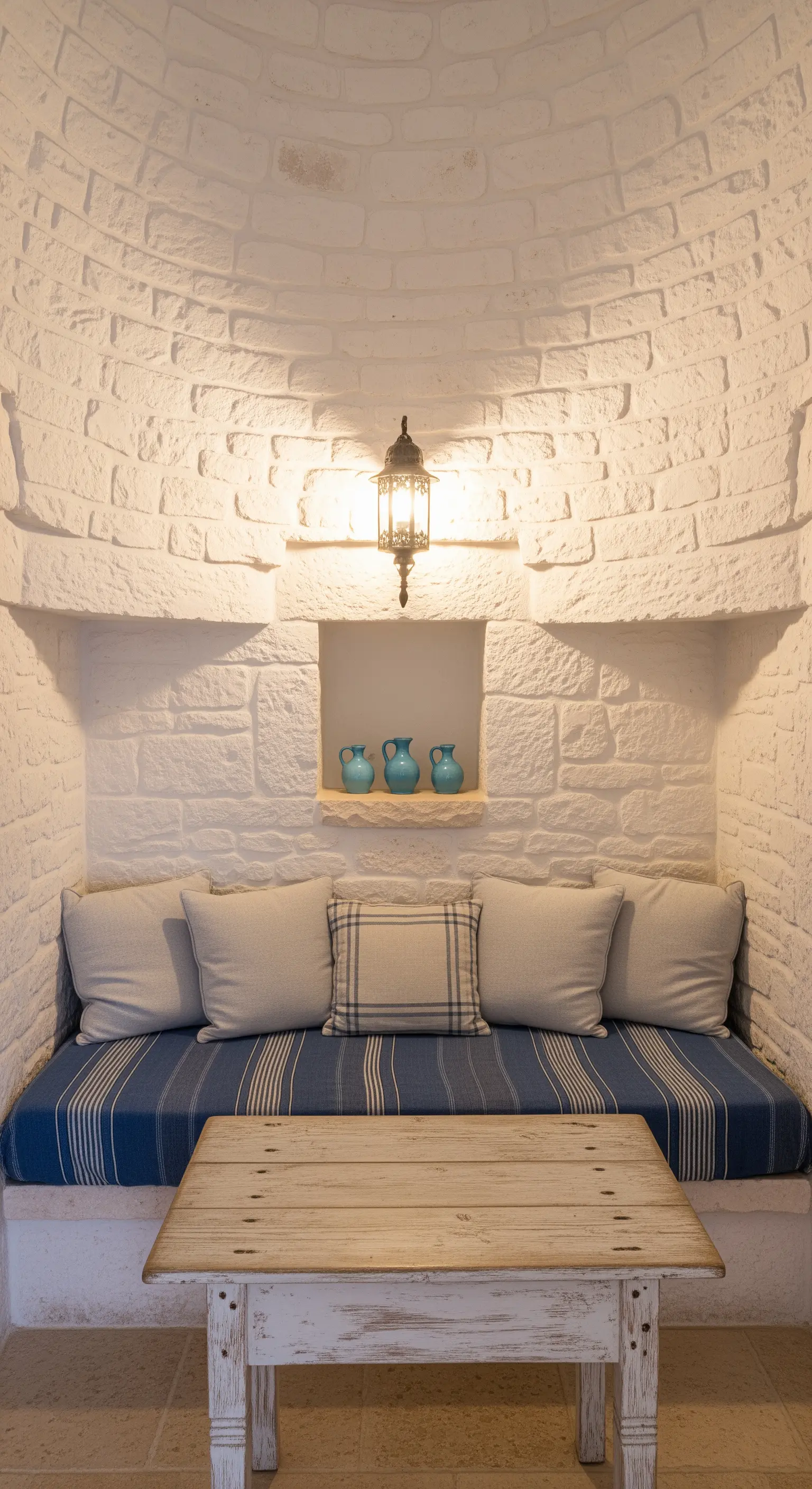 Nicchia accogliente con pareti in pietra bianca, seduta a righe blu e una lanterna a muro.