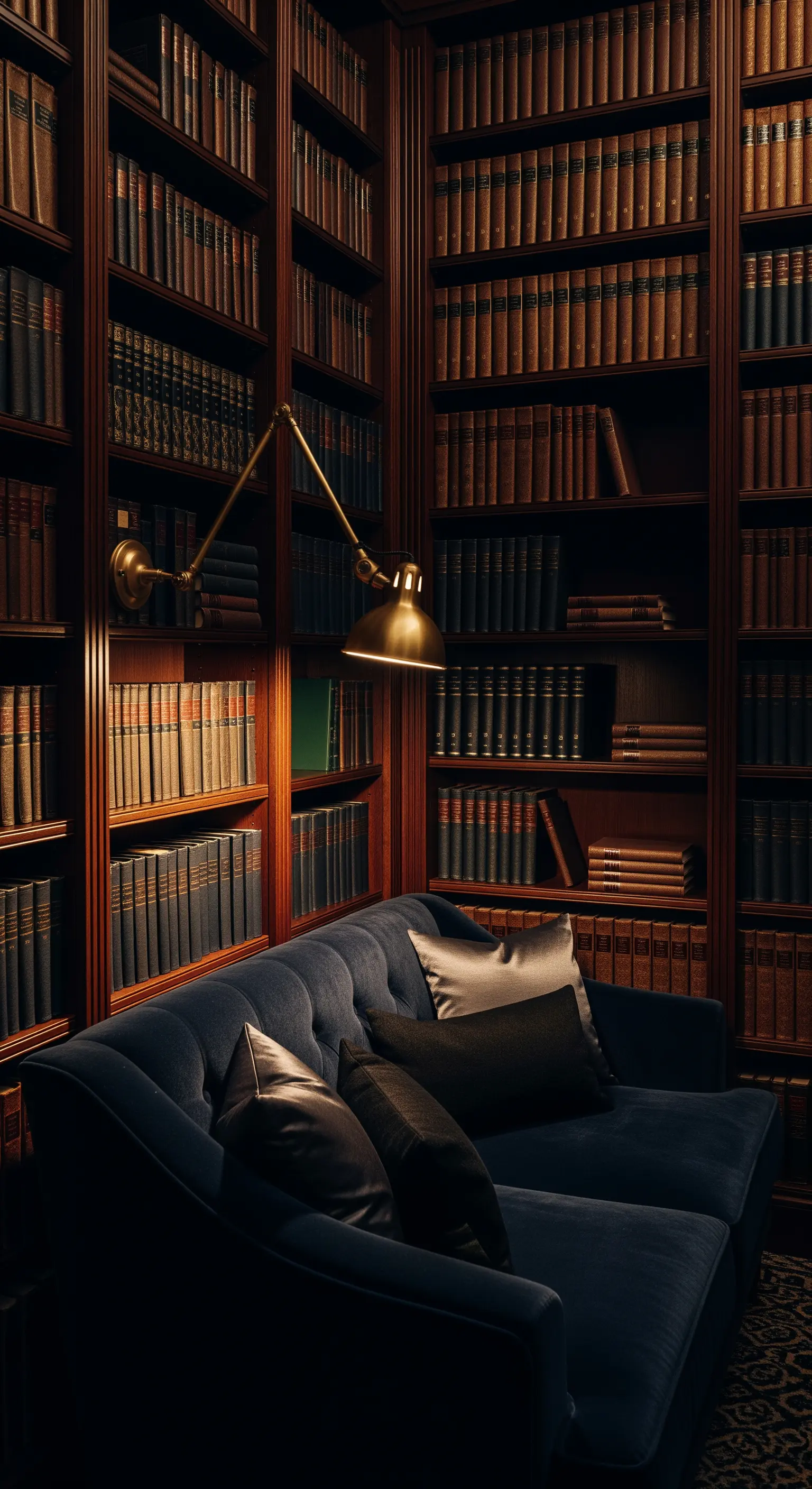 Divano in velluto blu in una libreria in legno scuro, illuminato da una lampada da parete dorata.