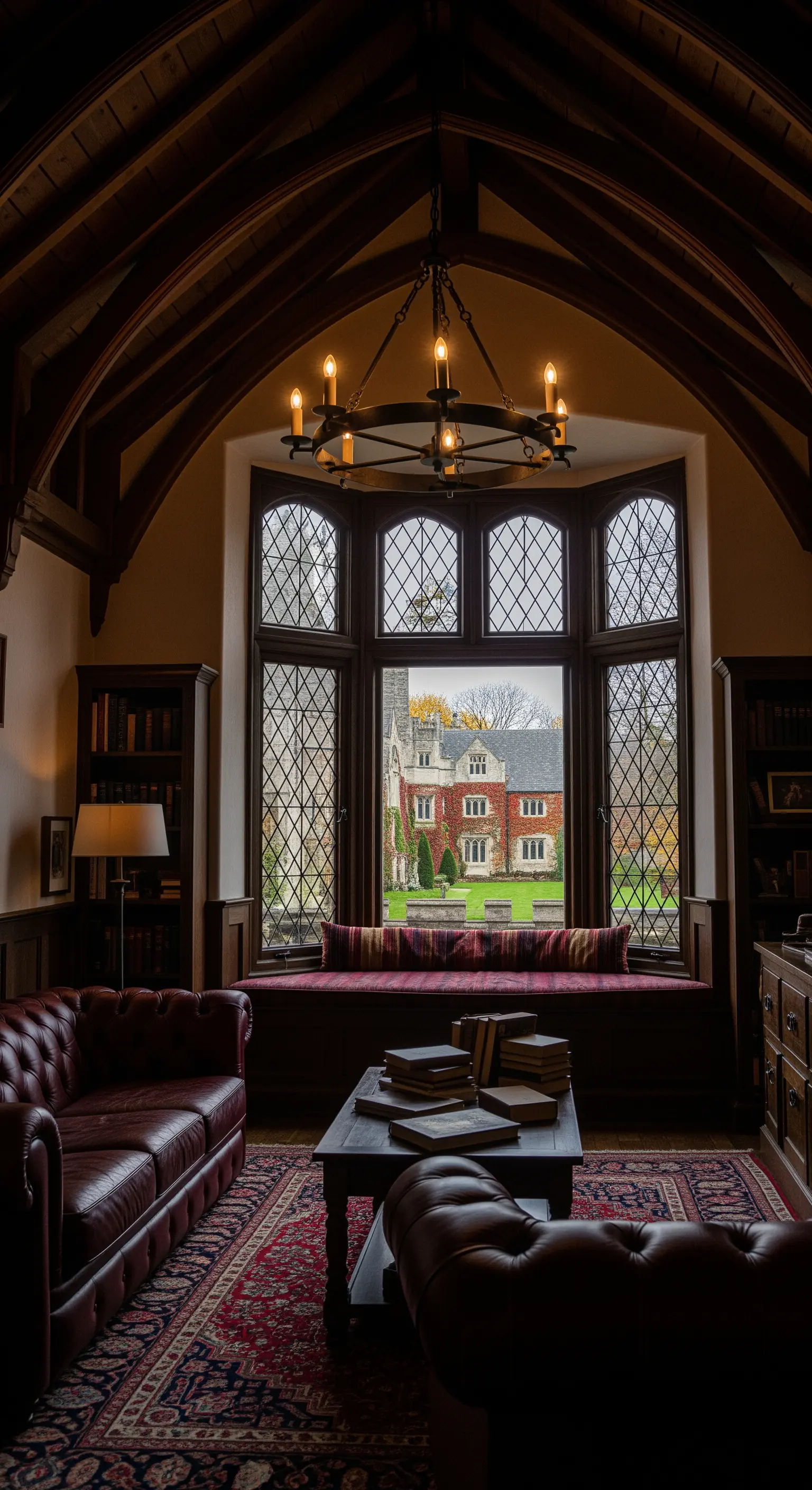 Studio in stile college inglese con divani in pelle chesterfield e panca sotto una finestra a bovindo.