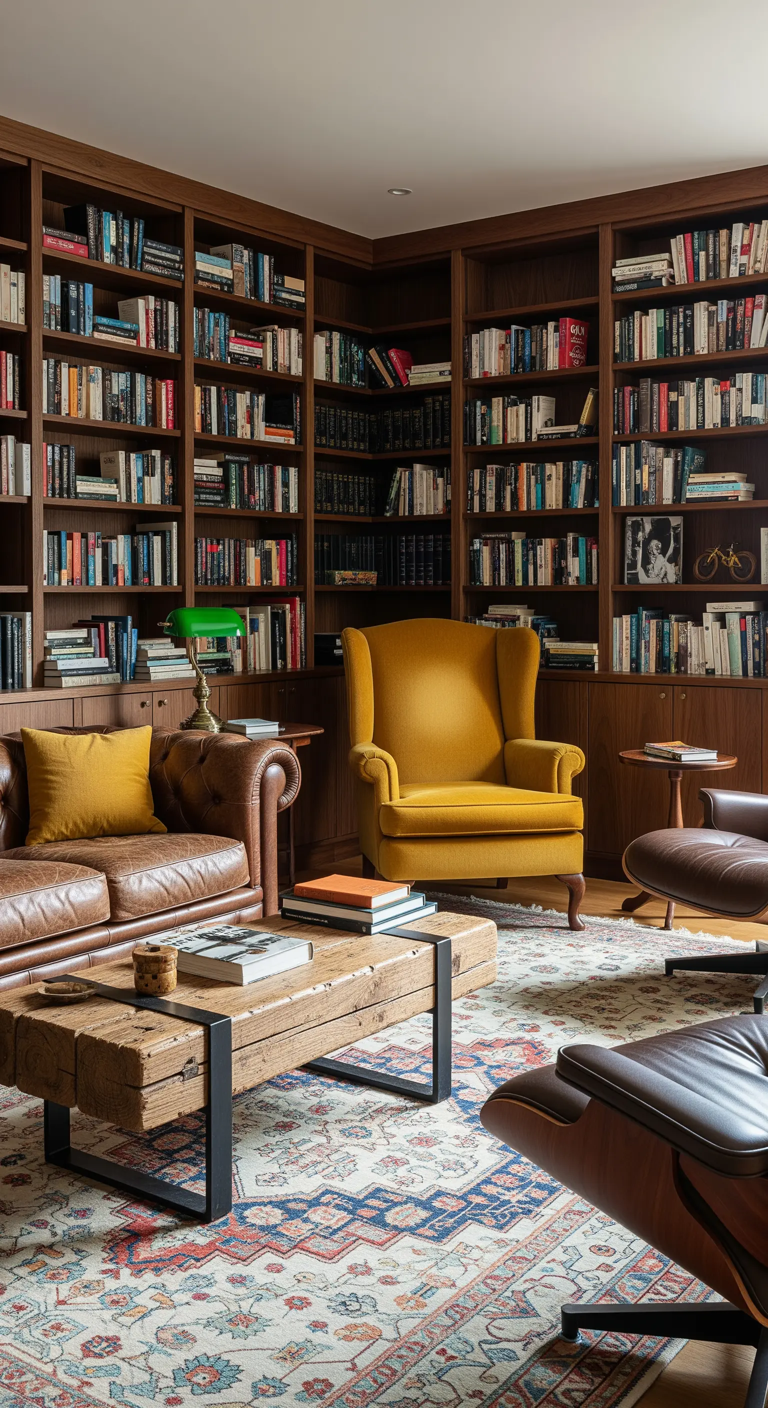 Salotto con librerie a tutta parete, divano in pelle e una poltrona a pozzetto color senape.