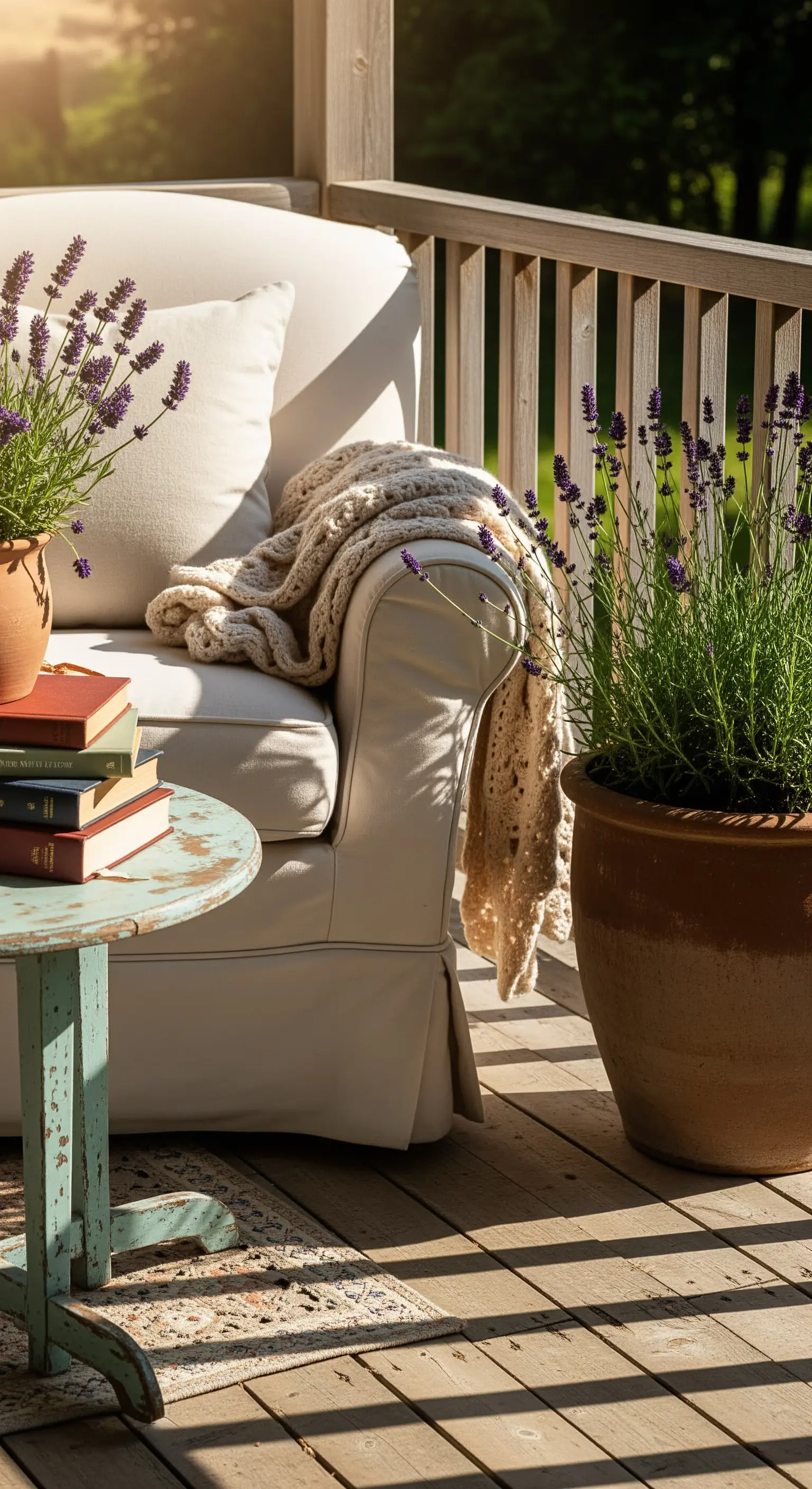 Angolo lettura su un portico con poltrona bianca, tavolino azzurro decapato e vasi di lavanda.