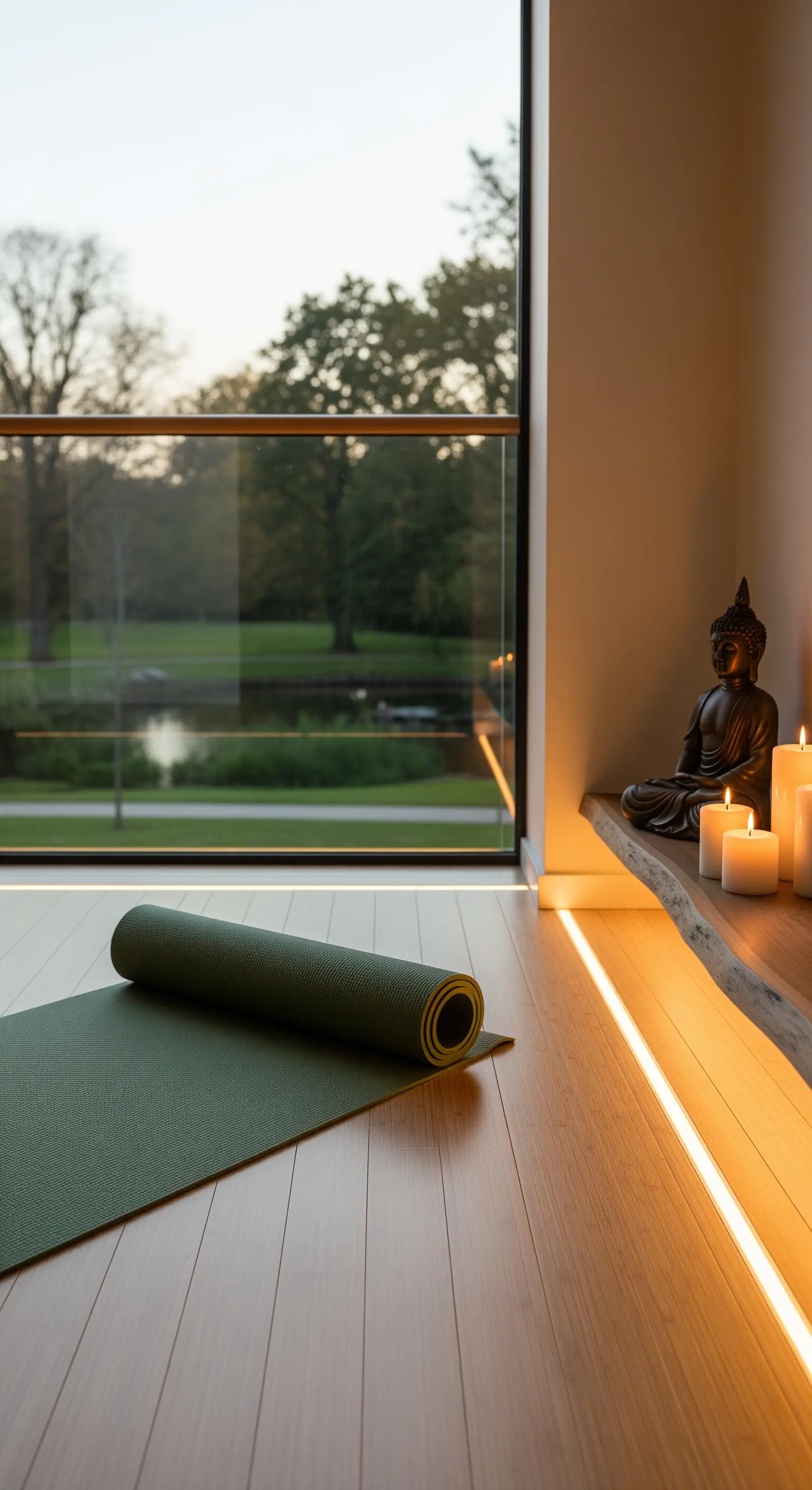 Angolo meditazione con tappetino da yoga, statua di Buddha e luce LED calda sotto una panca