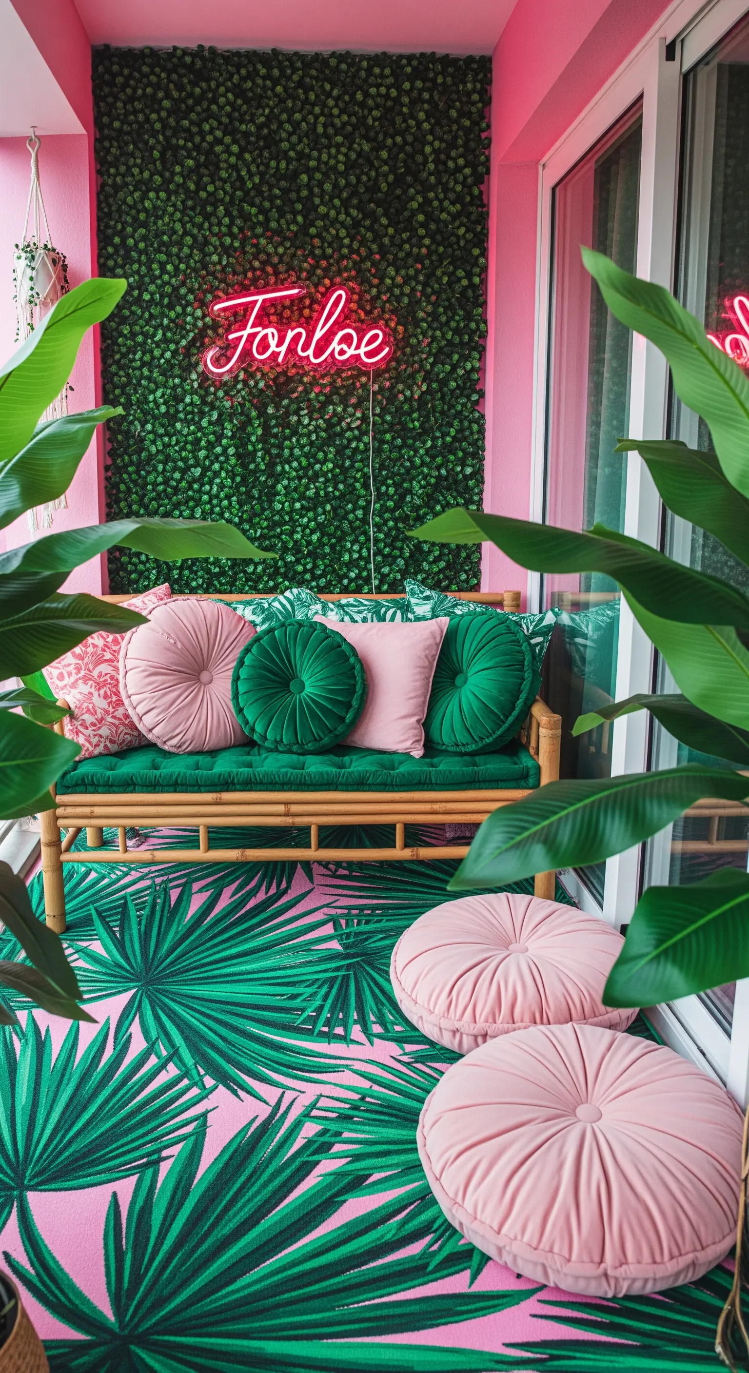 Balcone rosa e verde con divano in bambù, cuscini in velluto e una scritta al neon.