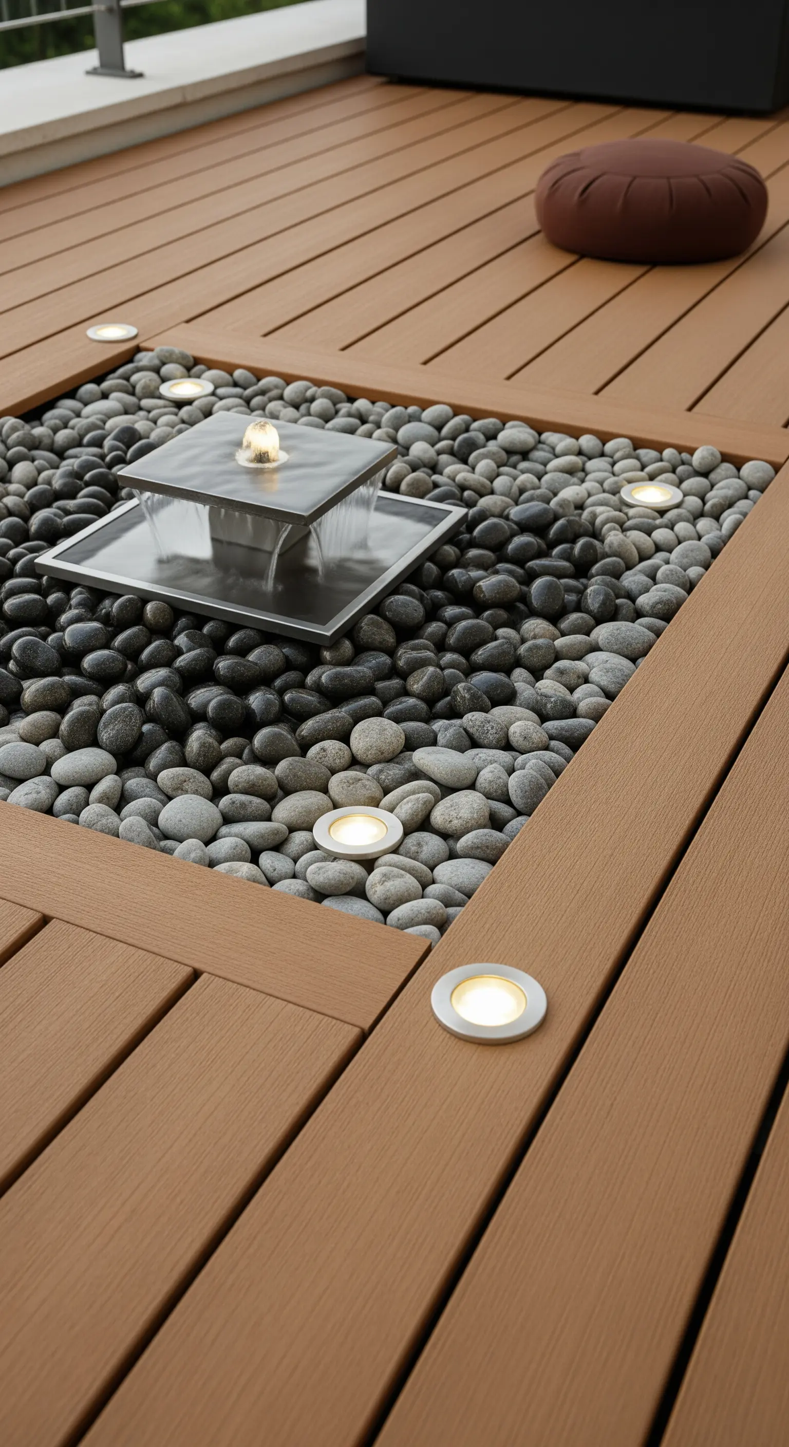 Dettaglio di una fontana con ciottoli e faretti integrata in un pavimento in legno composito