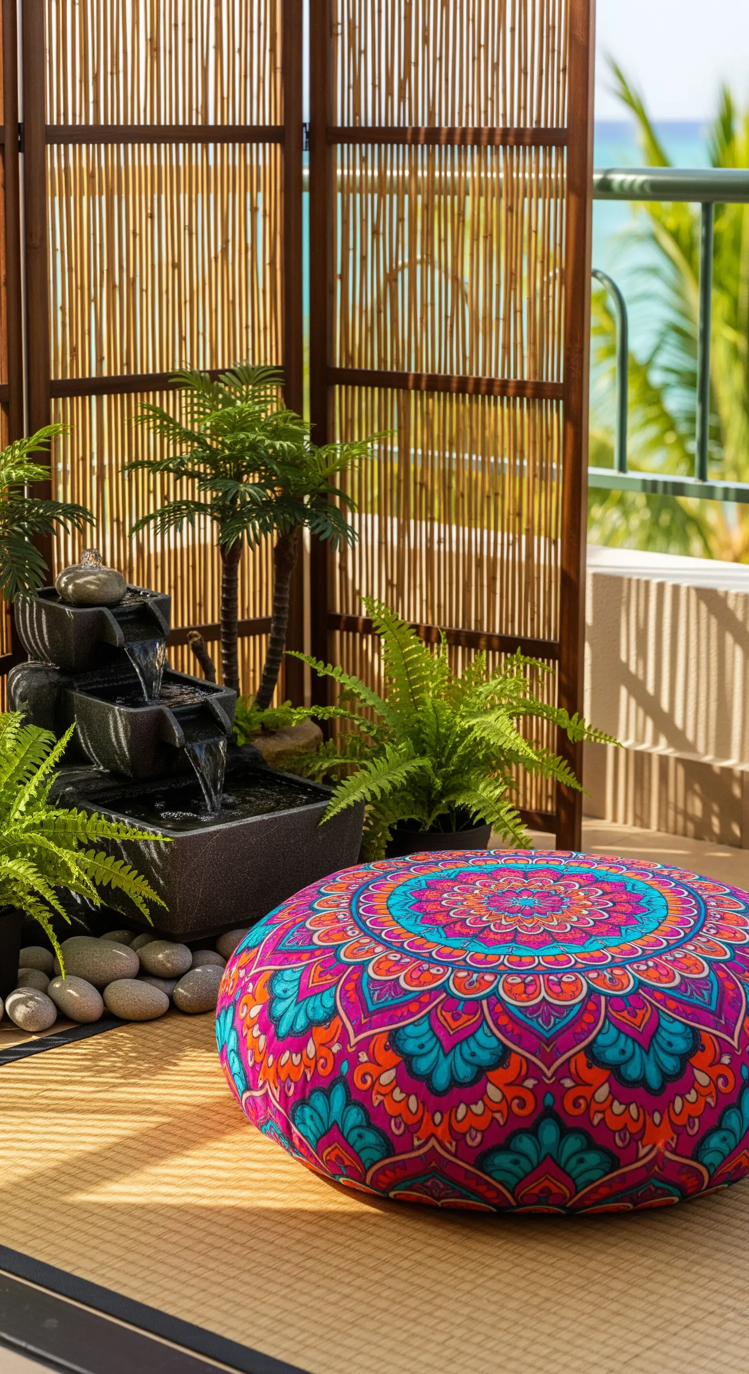 Angolo meditazione con fontana a cascata, cuscino mandala e paravento in bambù.