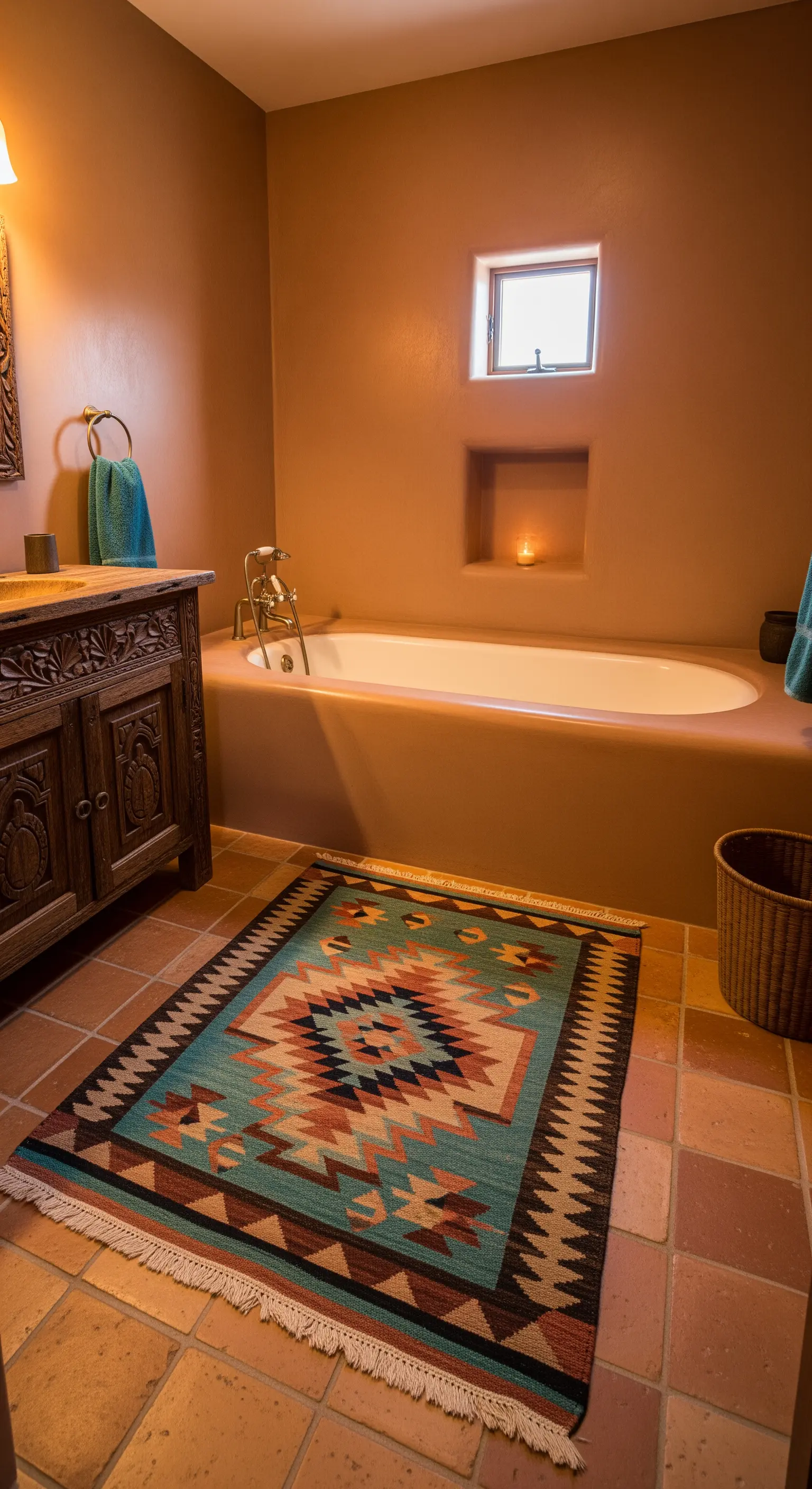 Bagno in stile sudoccidentale con pareti color terracotta e tappeto kilim.