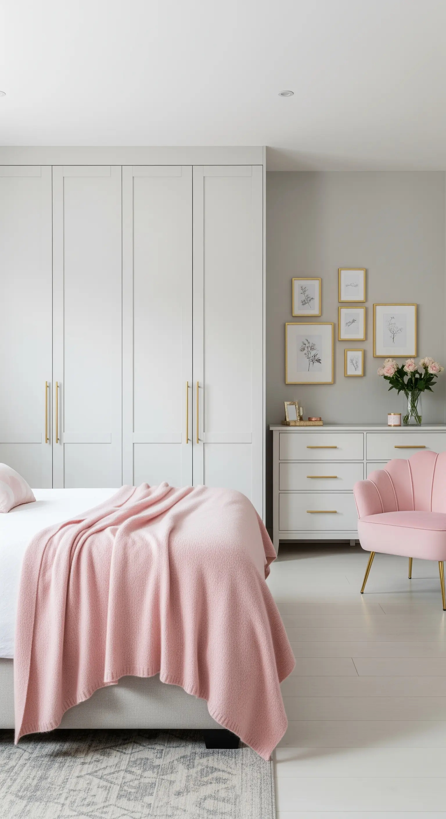 Camera da letto bianca e grigia con accenti rosa su una poltrona e maniglie dorate.