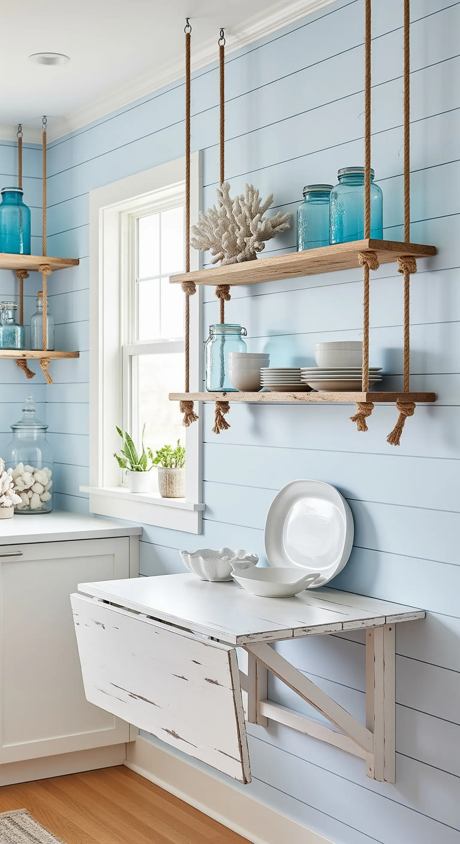 Cucina stile costiero con pareti azzurre, mensole in corda e tavolo a ribalta bianco decapato.