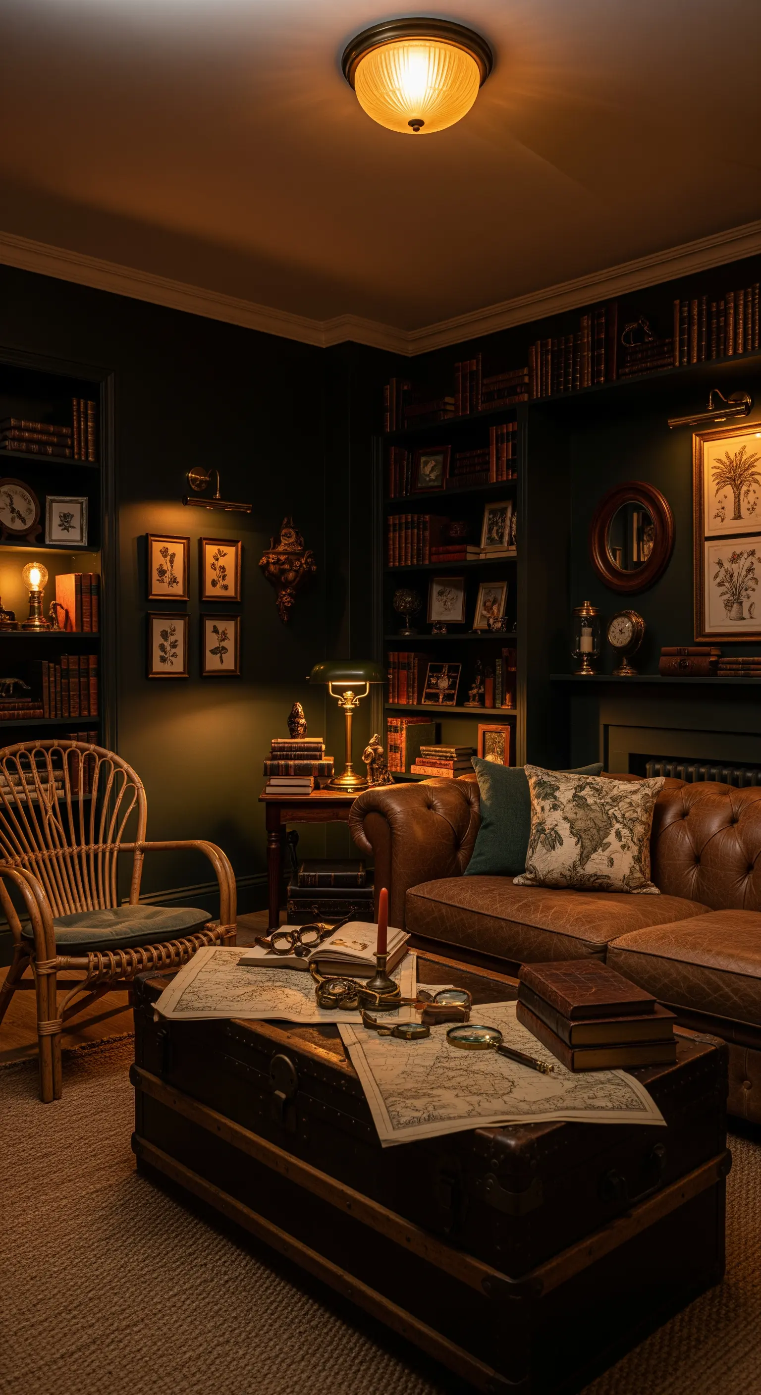 Studio buio e accogliente con pareti scure, divano Chesterfield e poltrona in rattan.