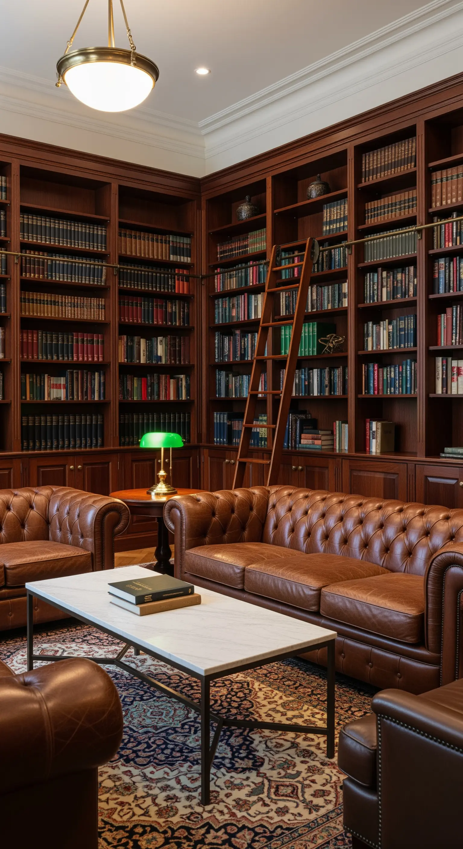Biblioteca classica con divani Chesterfield, librerie in legno scuro e tappeto persiano.