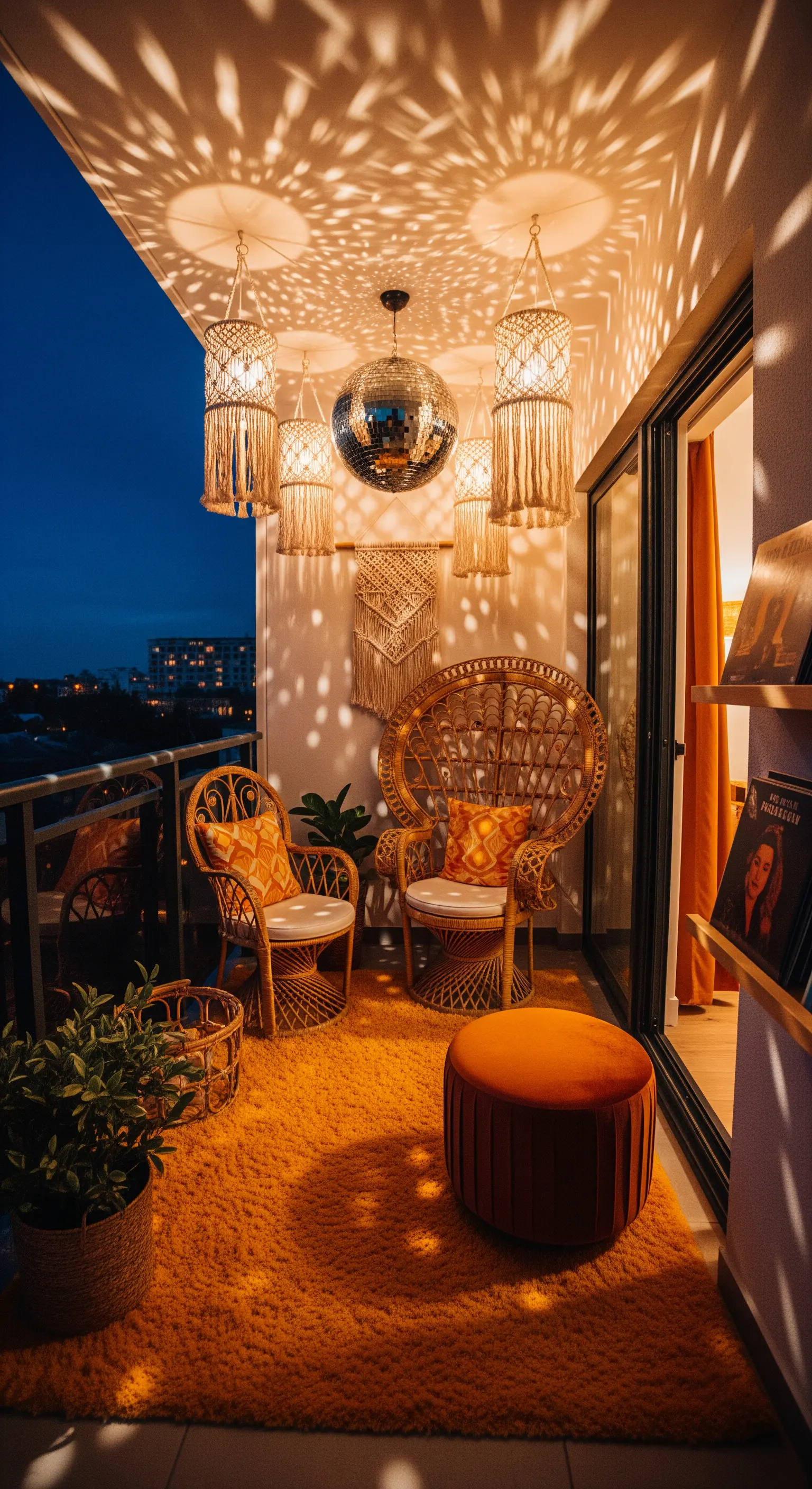 Balcone in stile anni '70 con poltrone in rattan, tappeto arancione e una mirror ball.