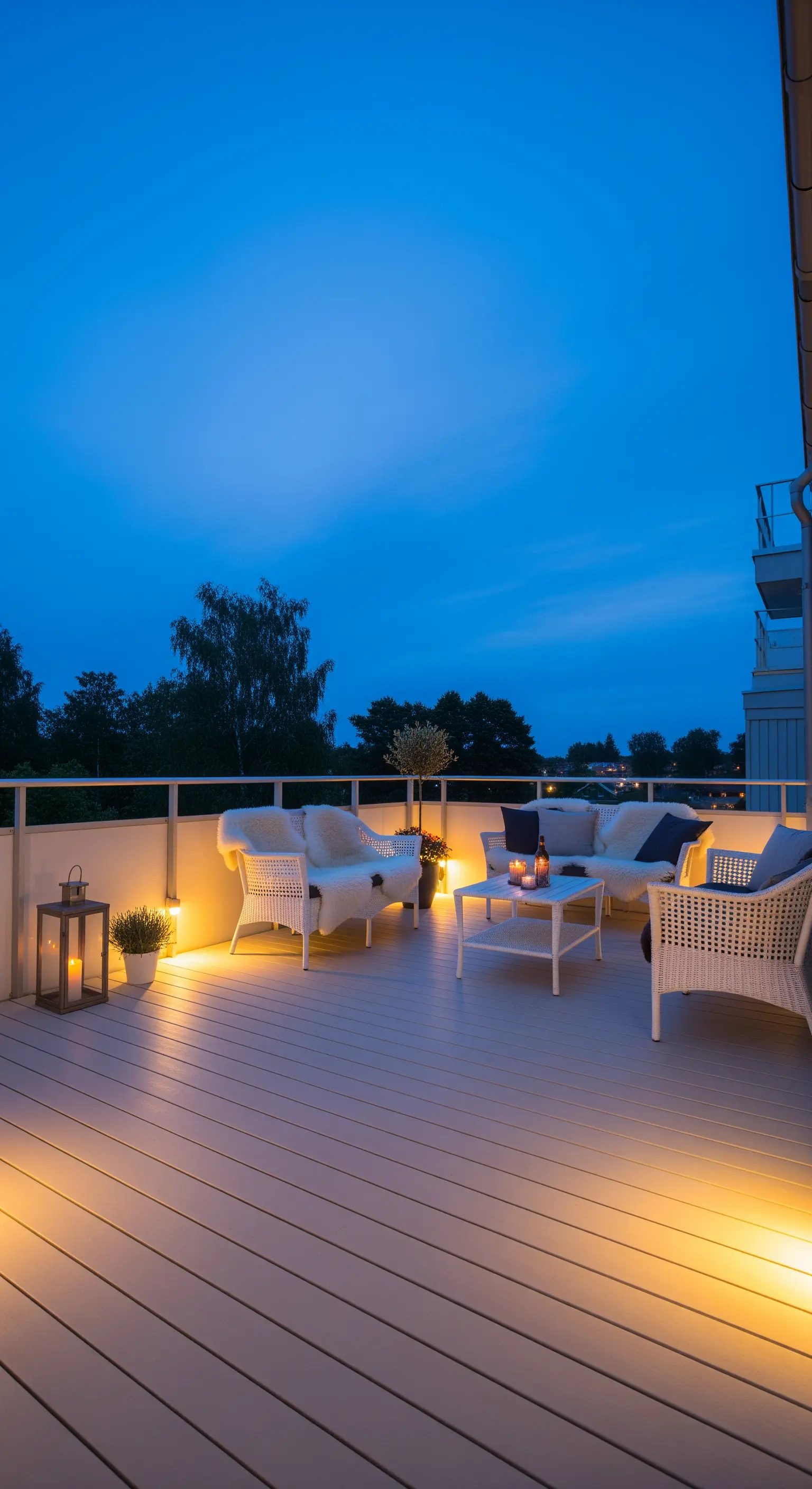 Balcone in stile scandinavo con arredi bianchi e illuminazione calda e soffusa da faretti a pavimento