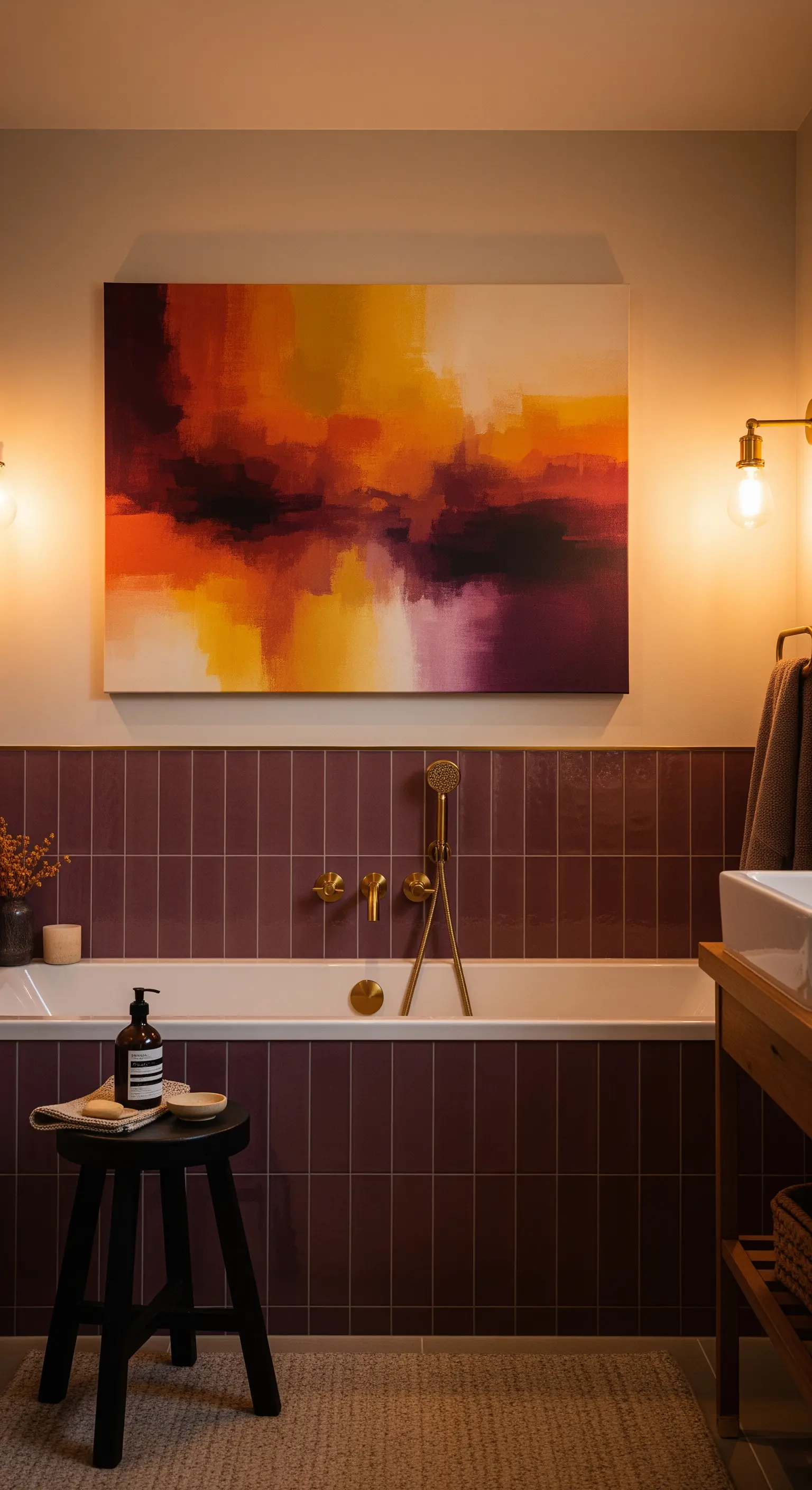 Bagno con piastrelle color melanzana, quadro astratto sui toni del tramonto e luce calda.