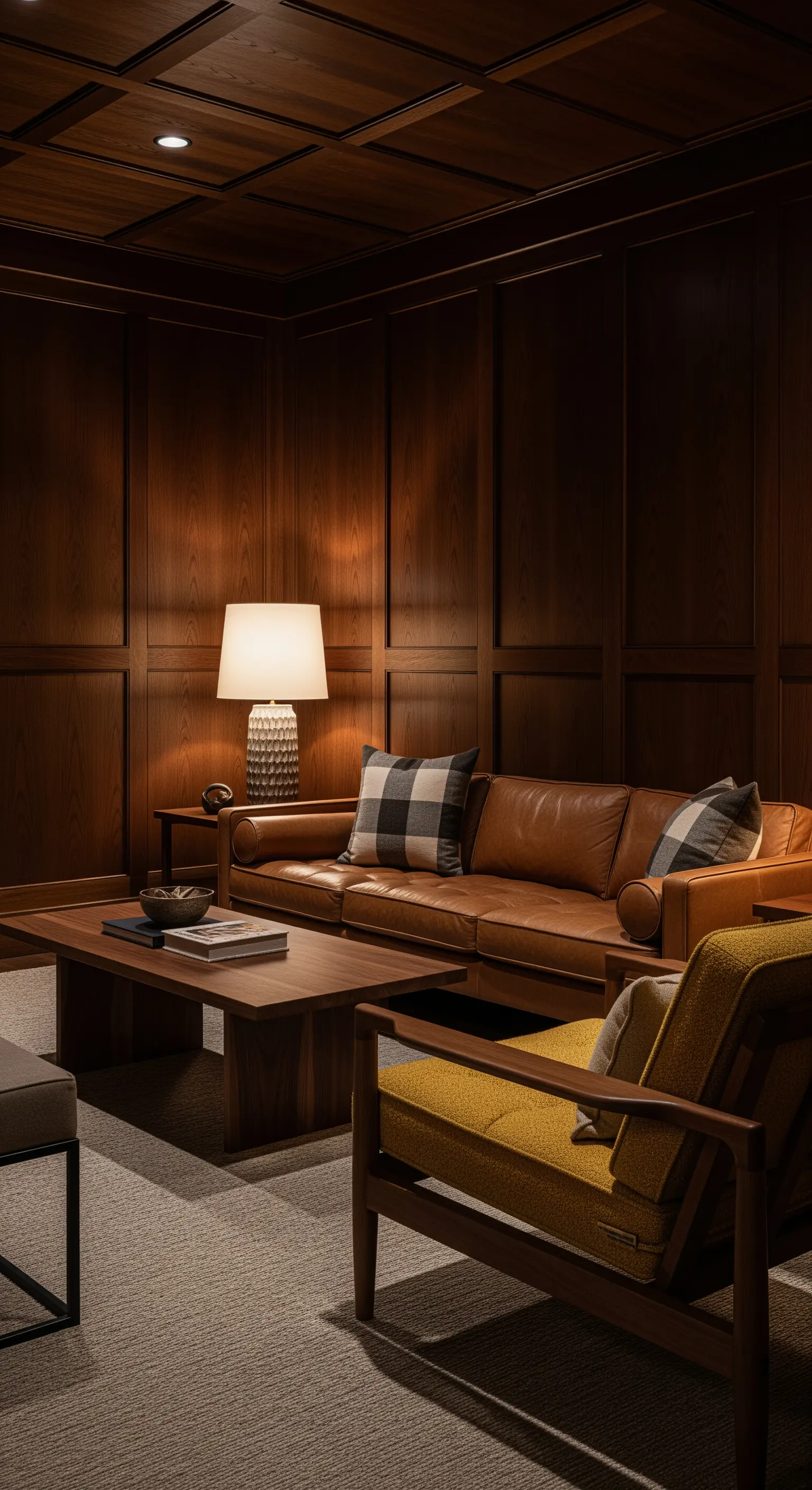 Salotto scuro e intimo con boiserie in legno, divano in pelle e poltrona senape.