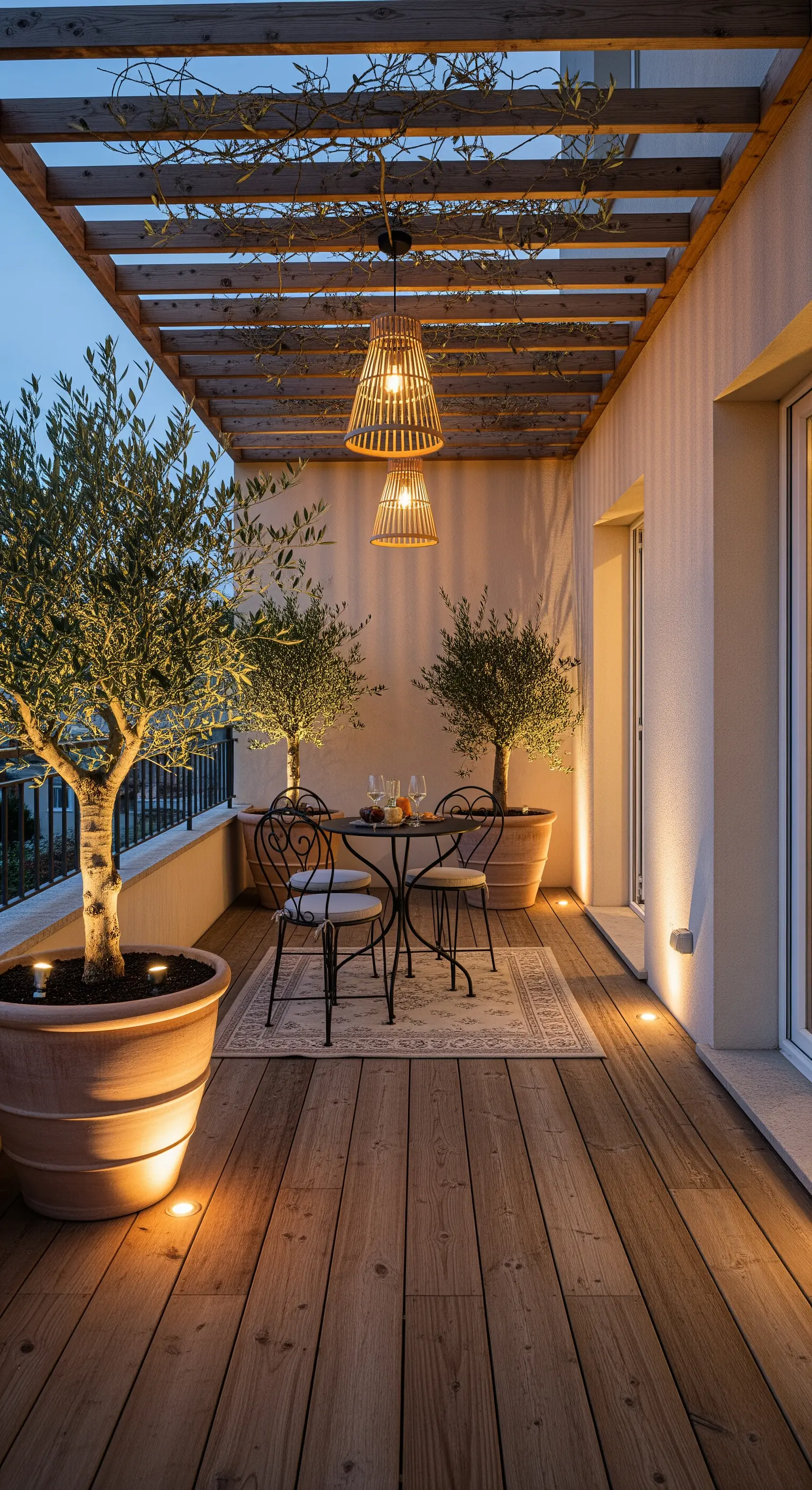 Balcone in stile mediterraneo con pergola, ulivi in vaso e lampade in rattan
