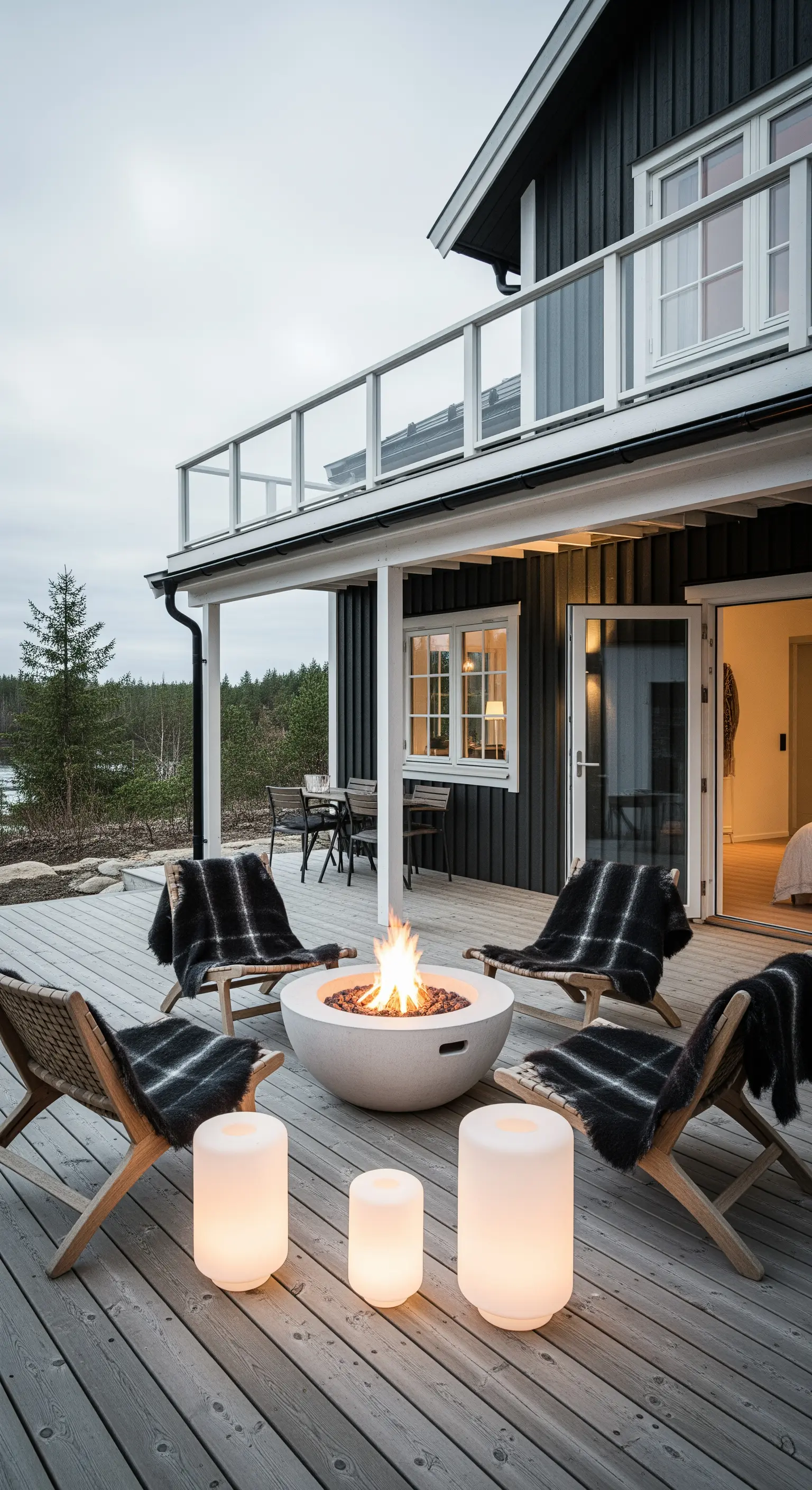 Braciere rotondo in cemento acceso, circondato da sedie in legno e teli di pelliccia