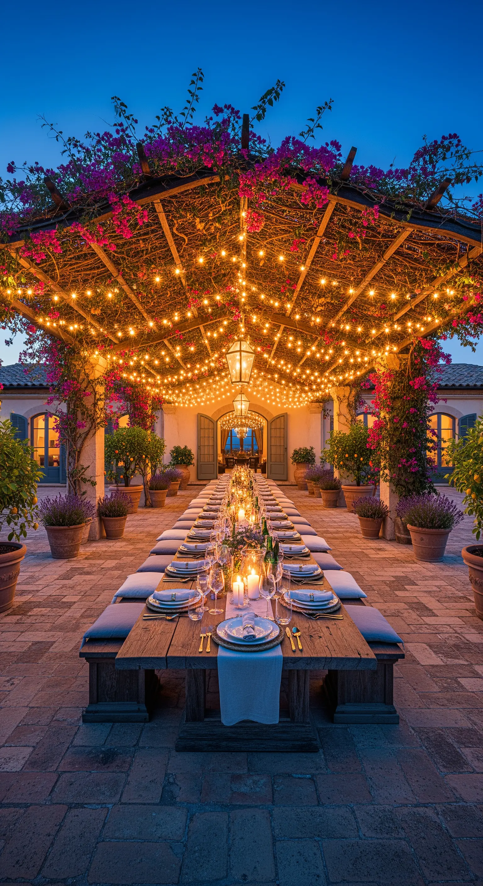 Tavolata imperiale sotto un pergolato fiorito illuminato da file di lucine calde.