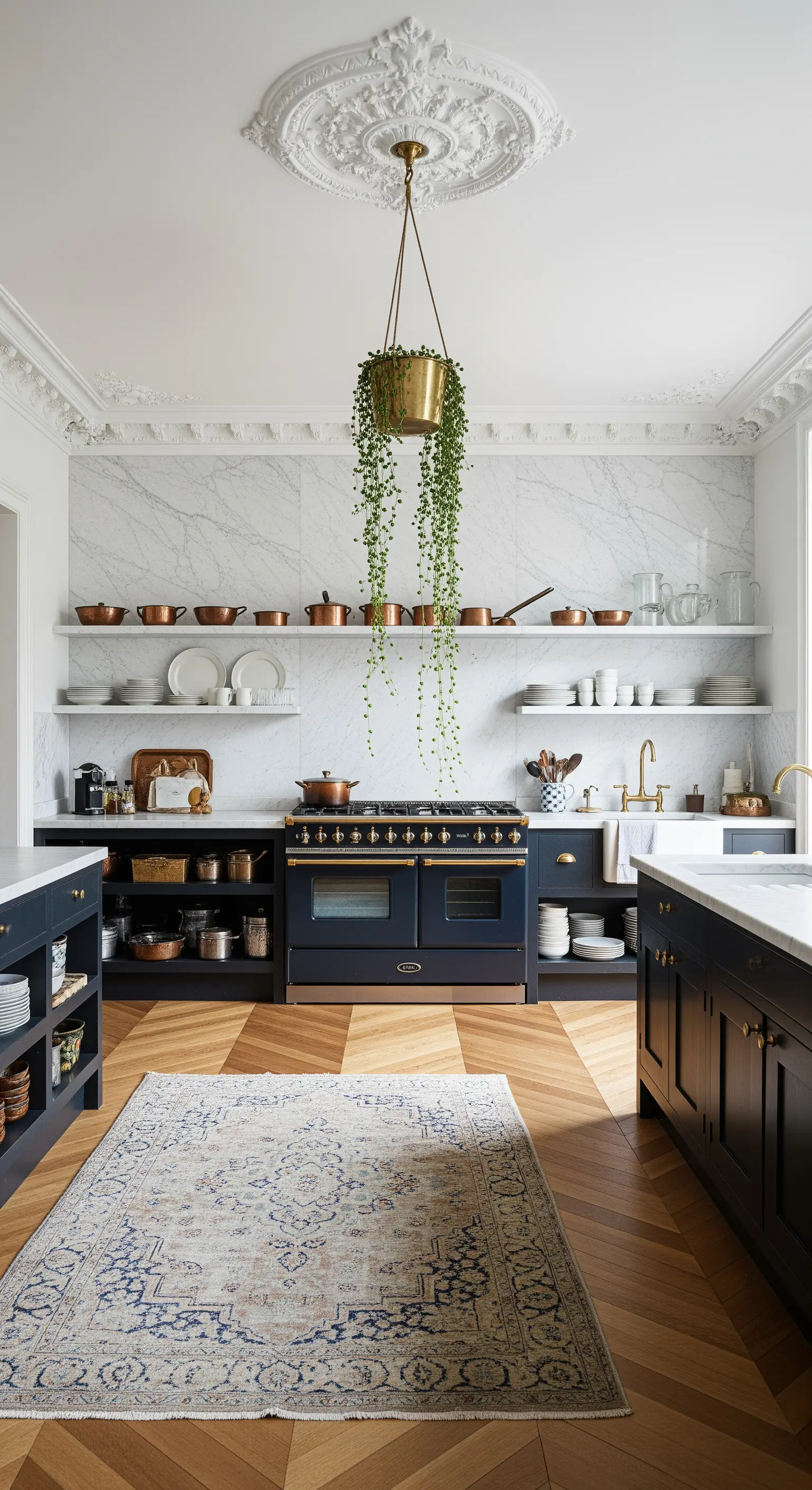 Cucina elegante con mobili scuri, parete in marmo, e una pianta sospesa in un vaso d'ottone.