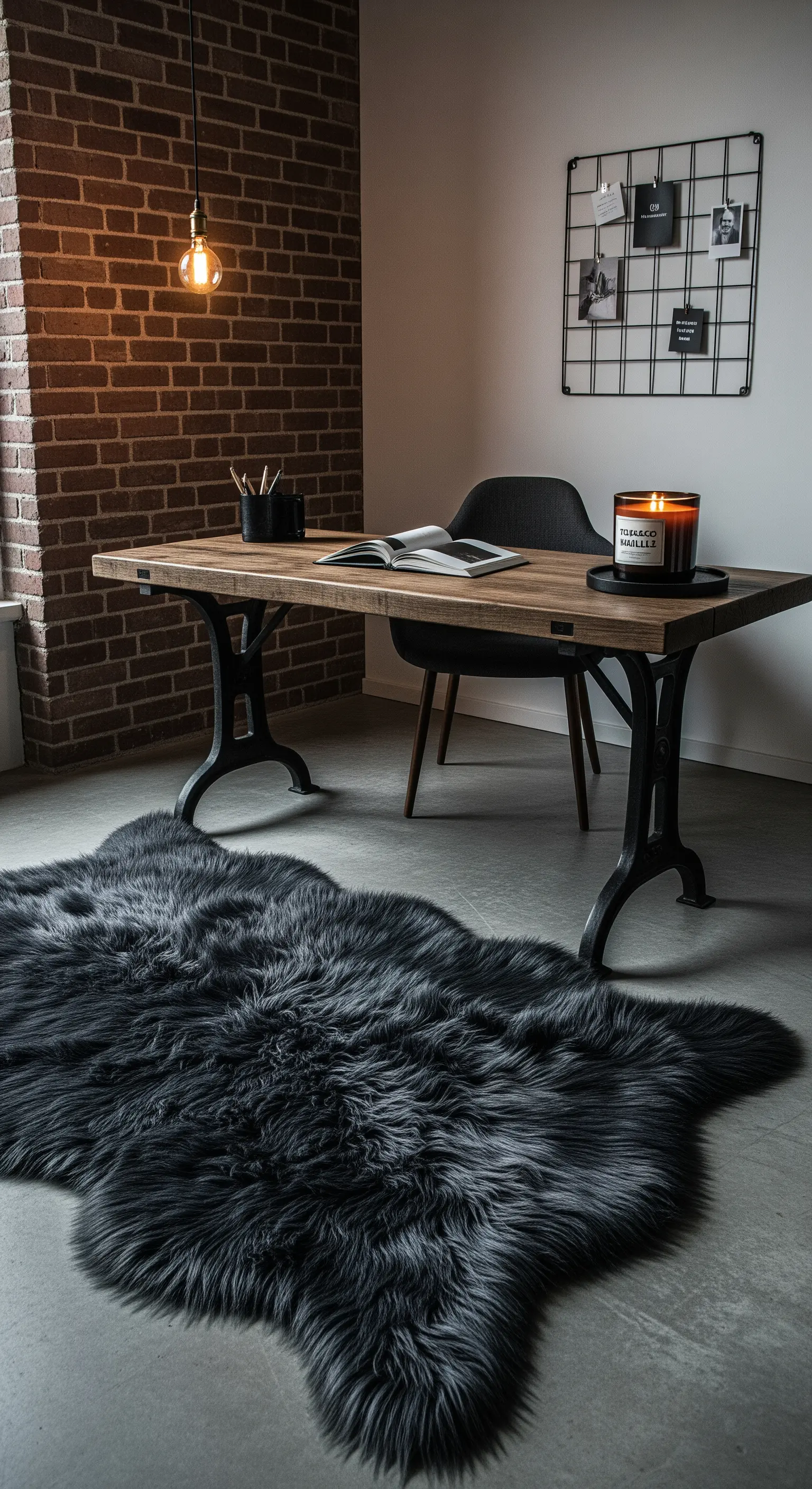 Scrivania industriale davanti a una parete di mattoni, con un tappeto nero in ecopelliccia.
