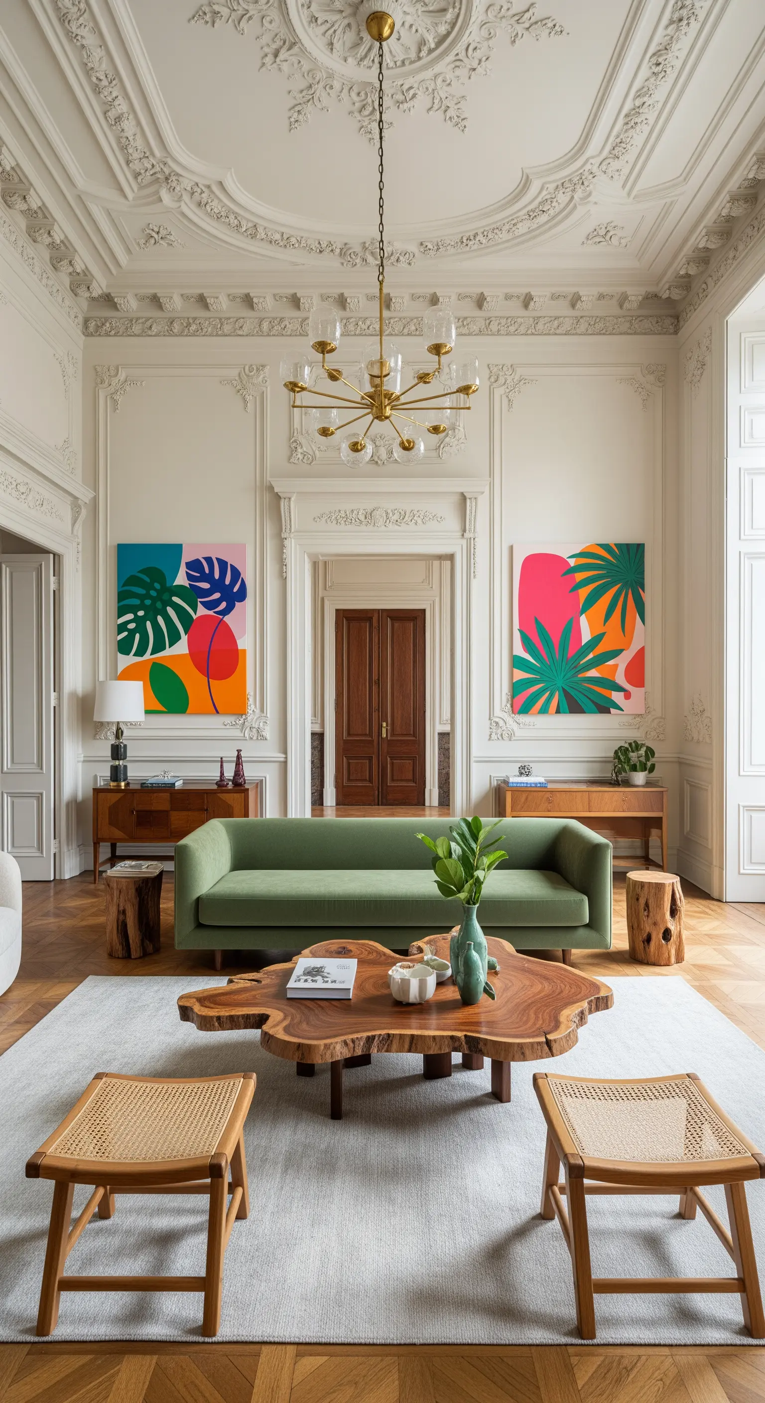 Salone d'epoca con stucchi, arredato con divano moderno verde e arte contemporanea.