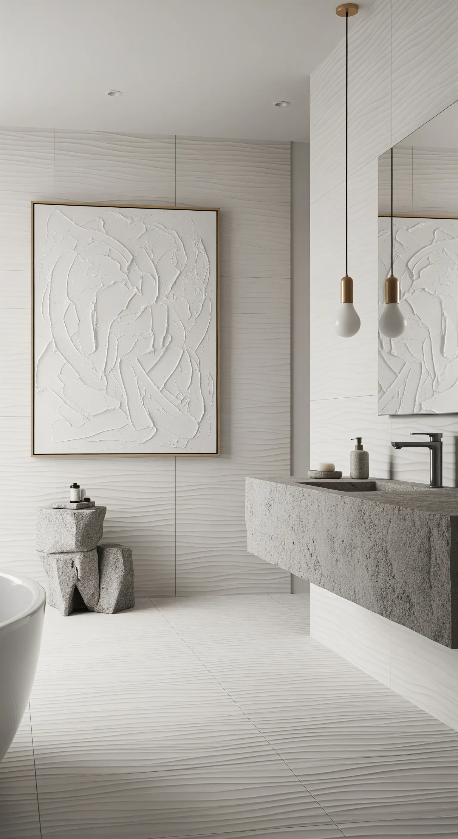 Bagno total white con piastrelle ondulate, lavabo in pietra e un quadro materico bianco.