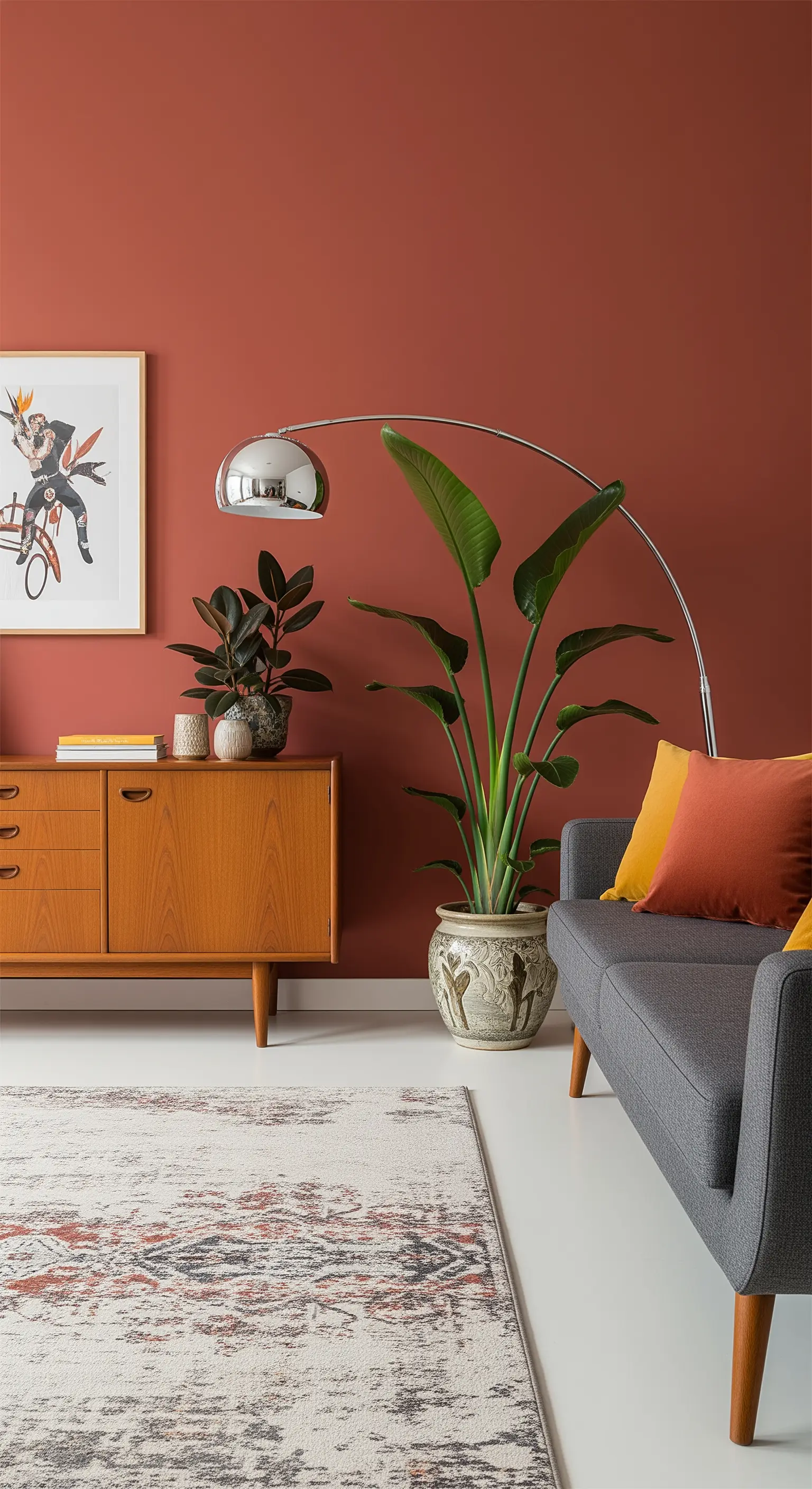 Parete terracotta, divano grigio, credenza in legno e lampada ad arco cromata