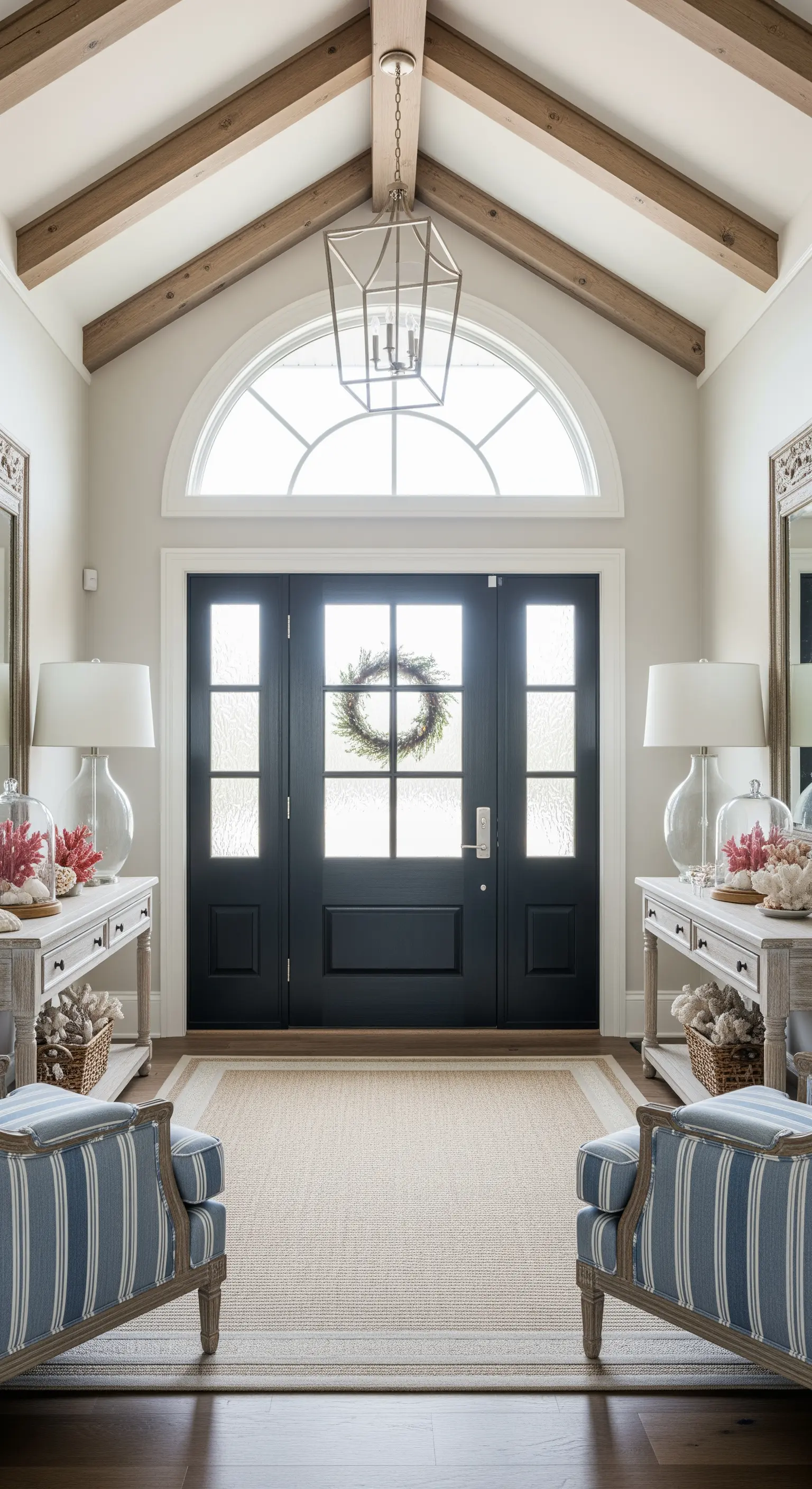 Ingresso simmetrico con porta scura, due consolle bianche e travi a vista sul soffitto.