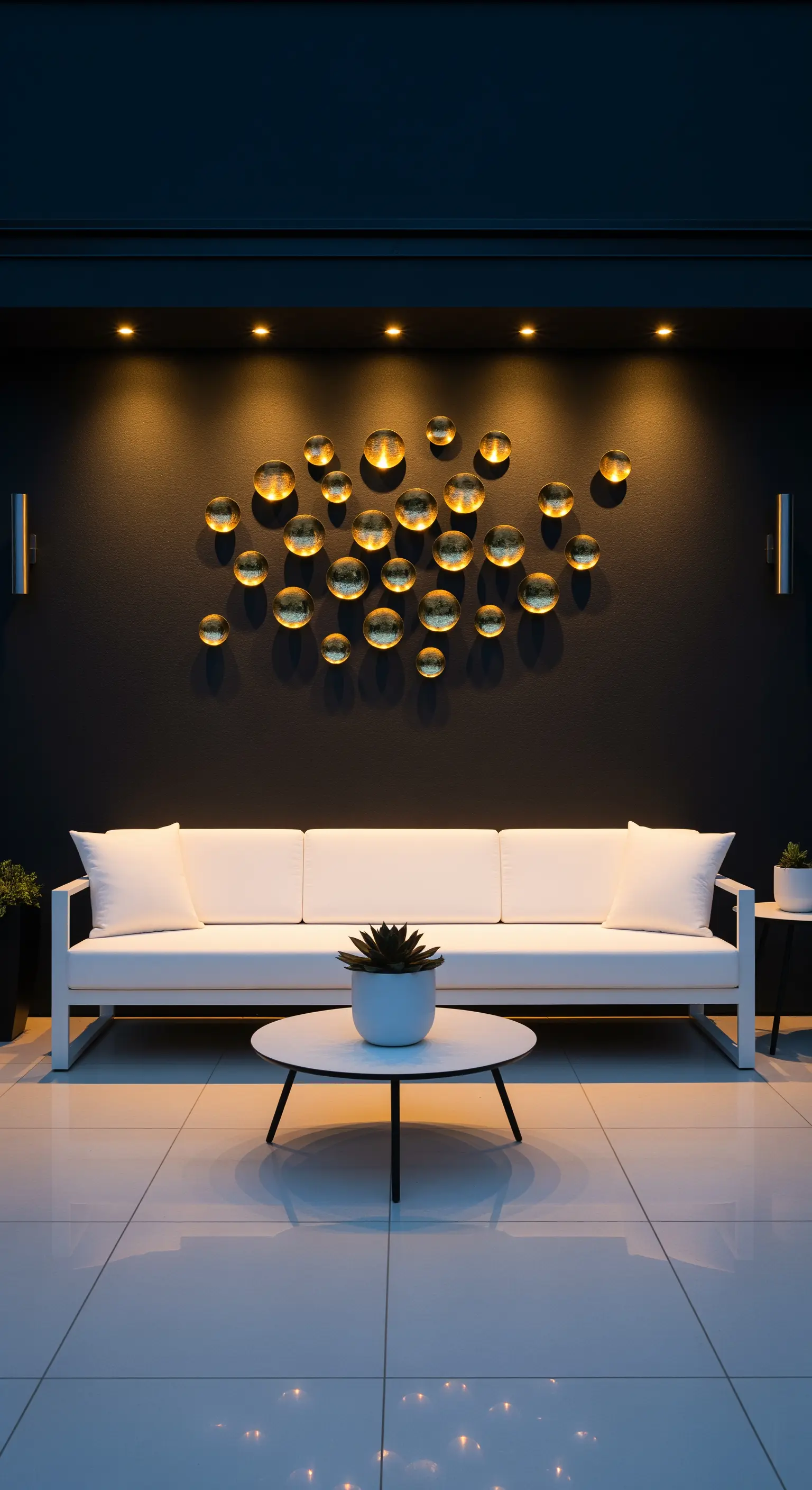 Divano bianco di fronte a una parete scura con un'installazione artistica di specchi dorati a bolla