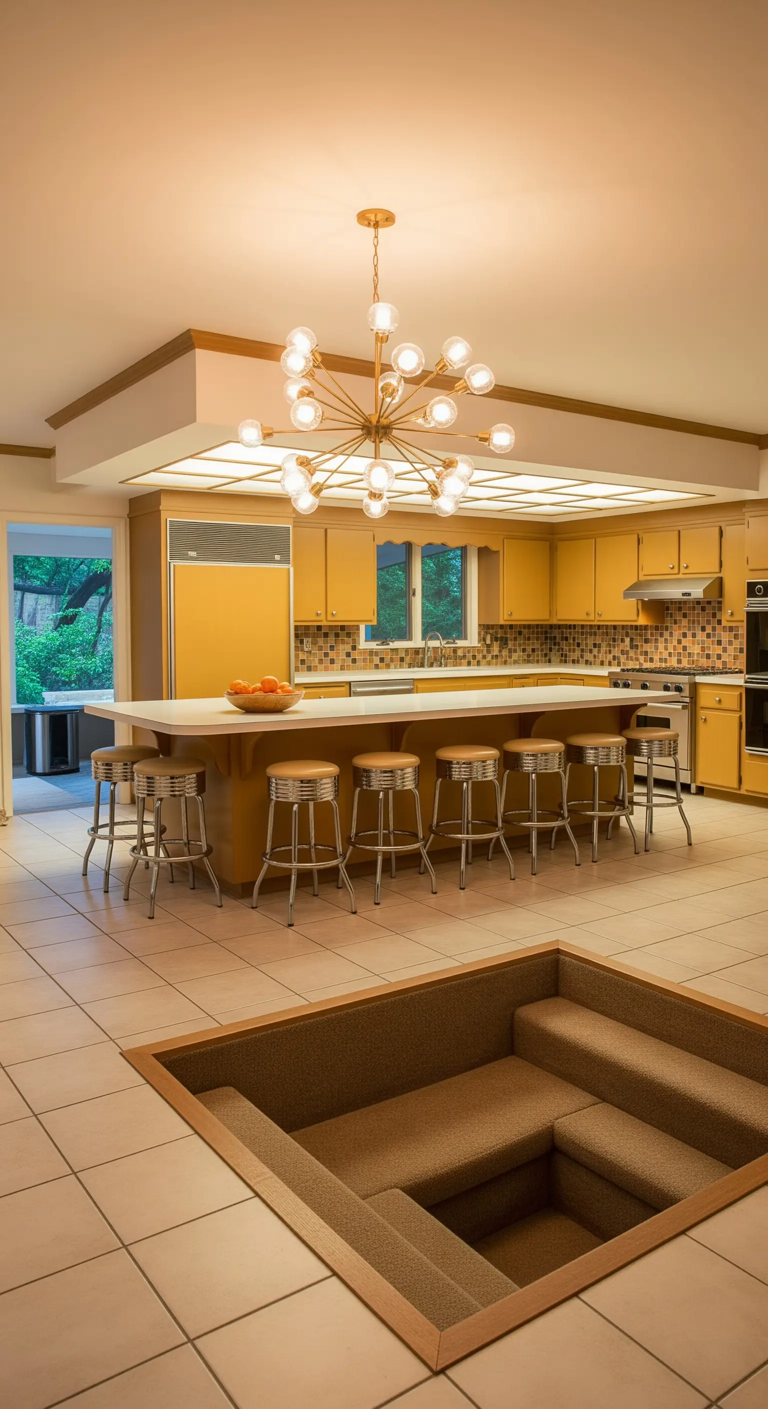 Grande cucina con isola, mobili gialli e una buca di conversazione ribassata e tappezzata.