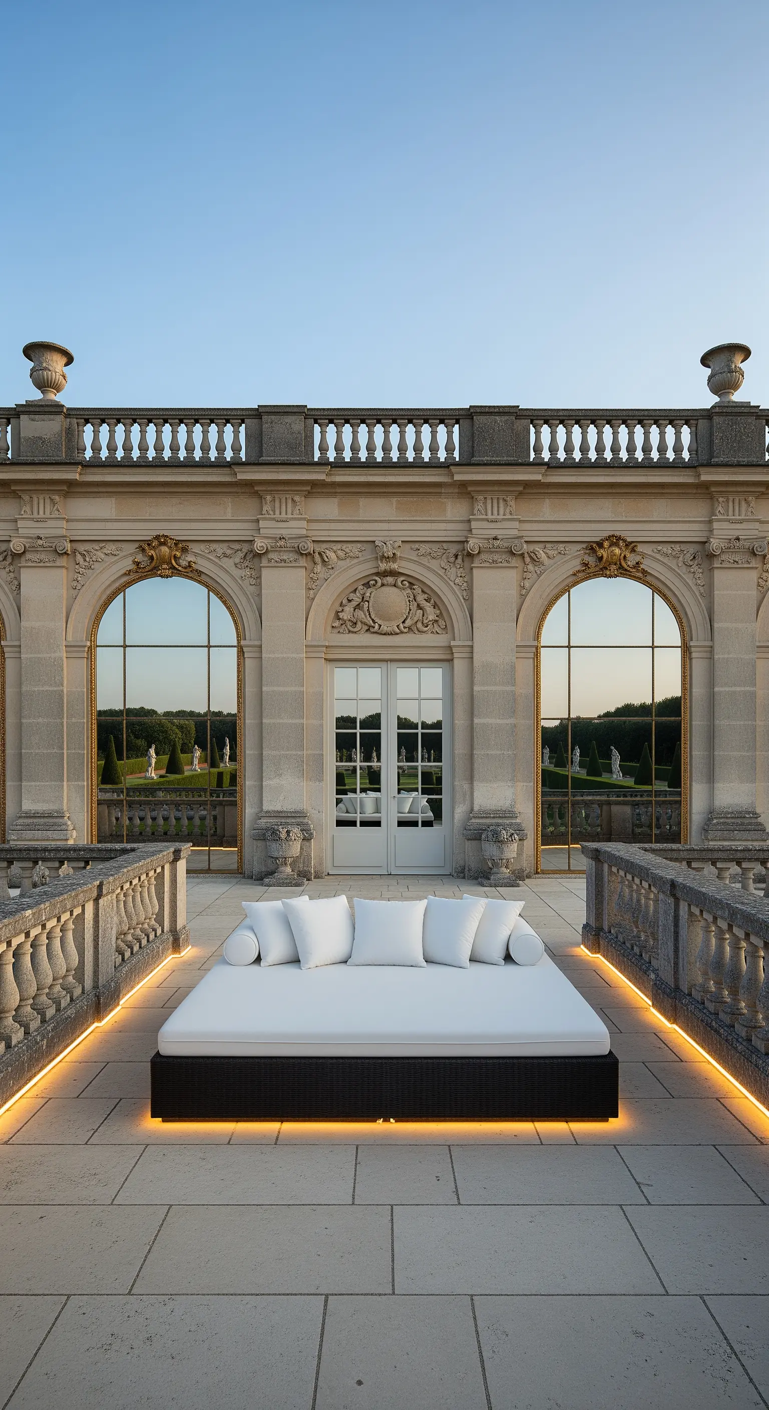 Terrazza di un palazzo storico con un grande daybed bianco circondato da luci a LED nel pavimento