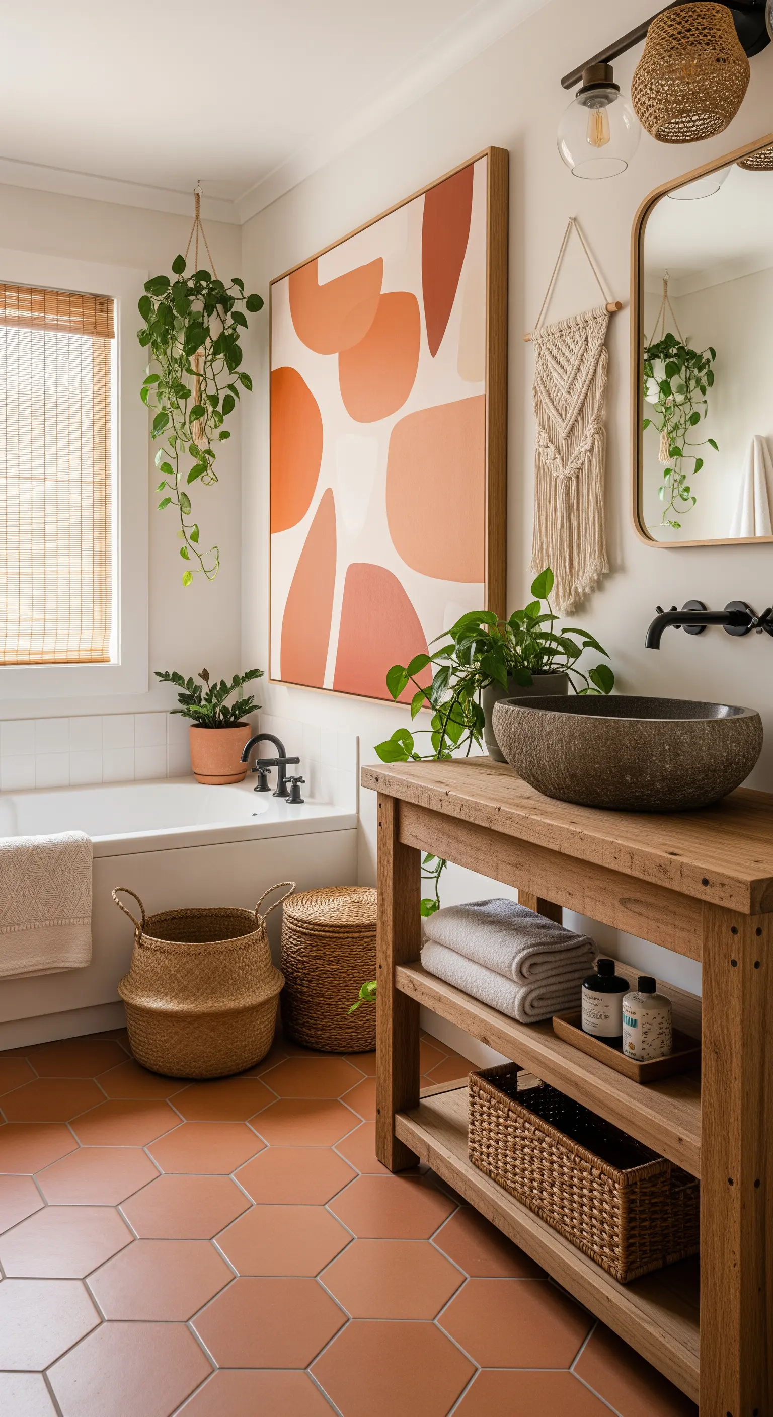 Bagno bohémien con pavimento in cotto, mobile in legno e un quadro con forme organiche.