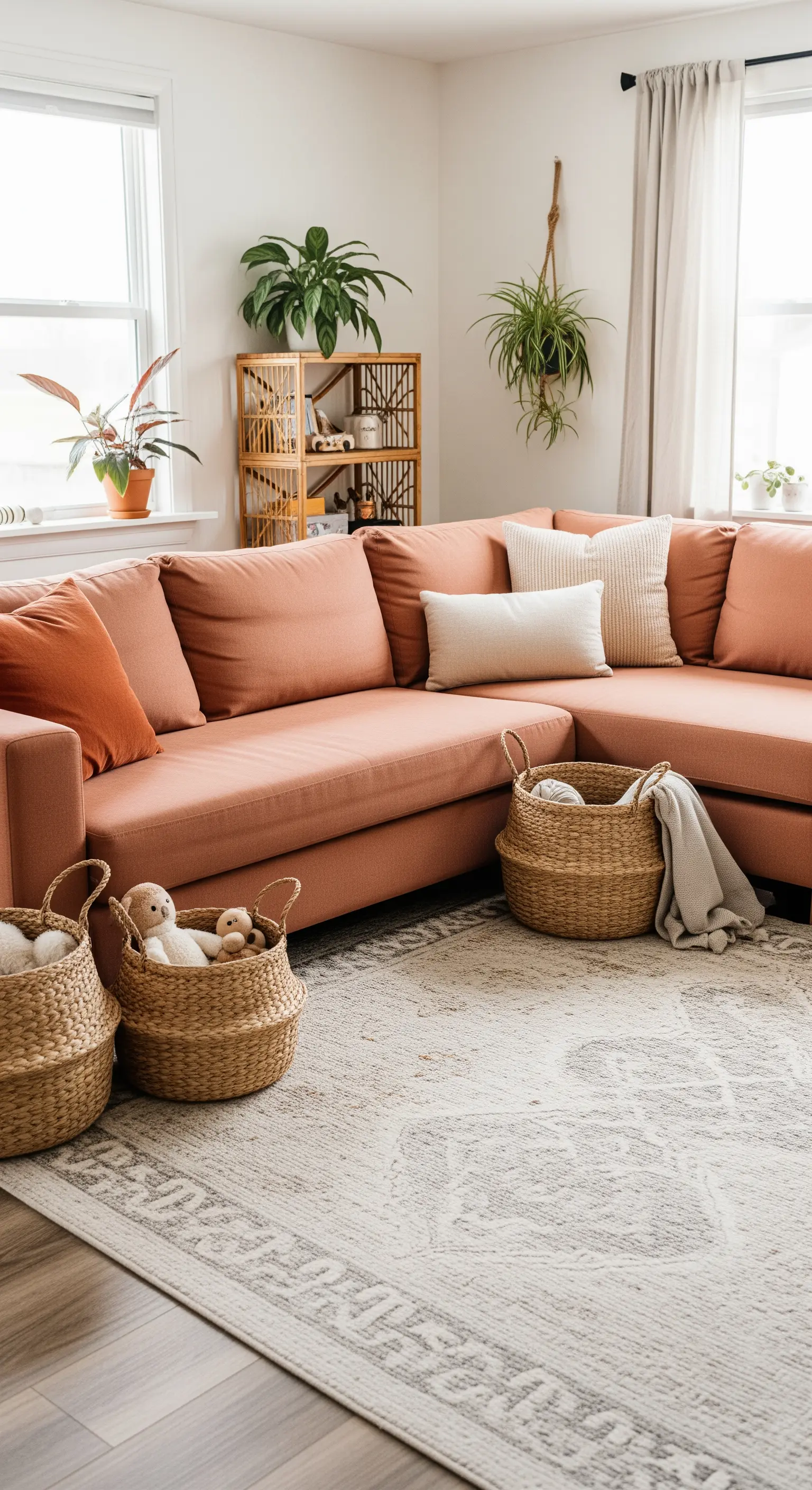 Divano angolare terracotta in un soggiorno familiare con cesti in vimini per i giocattoli