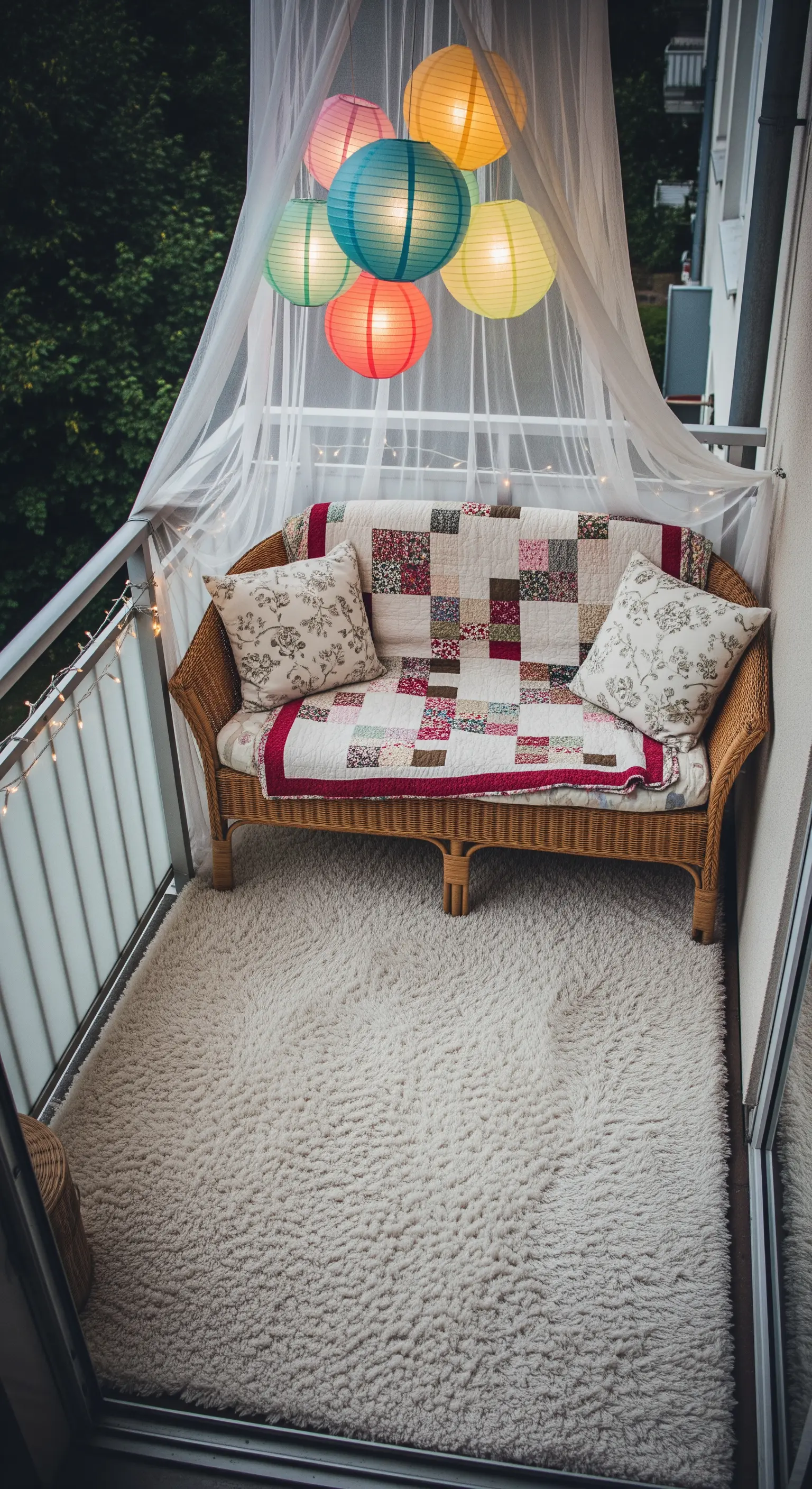 Piccolo divano in vimini su un balcone, avvolto da una tenda bianca e lanterne di carta.